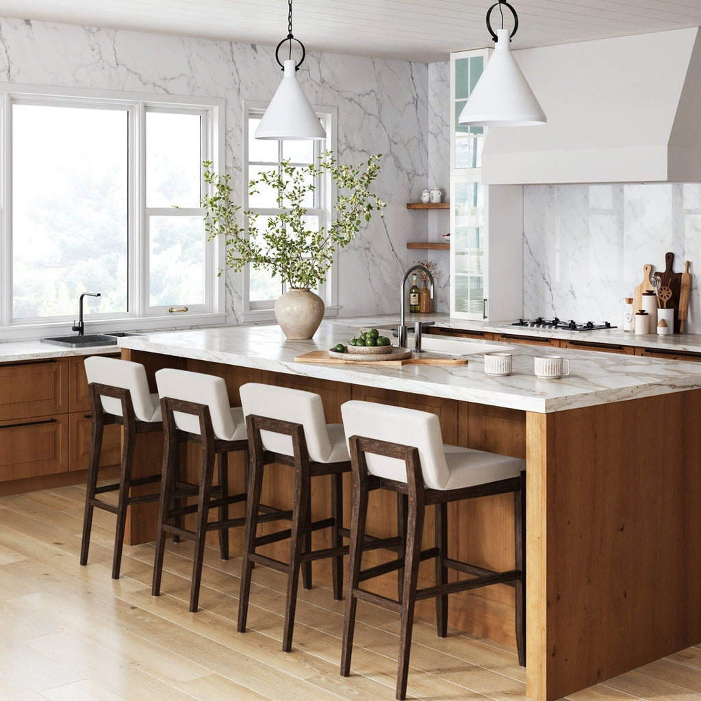 Gracie Modern Bar Stool, Boucle Upholstered Chair and Brushed Wooden Legs