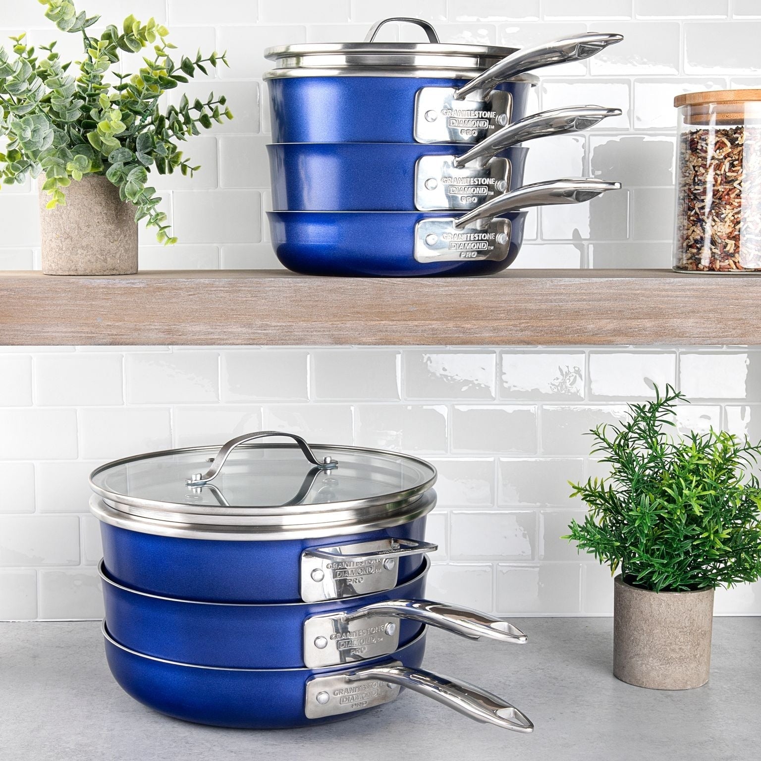 Granitestone Blue 15 Piece Stackmaster Nonstick Cookware Set with Glass Lids