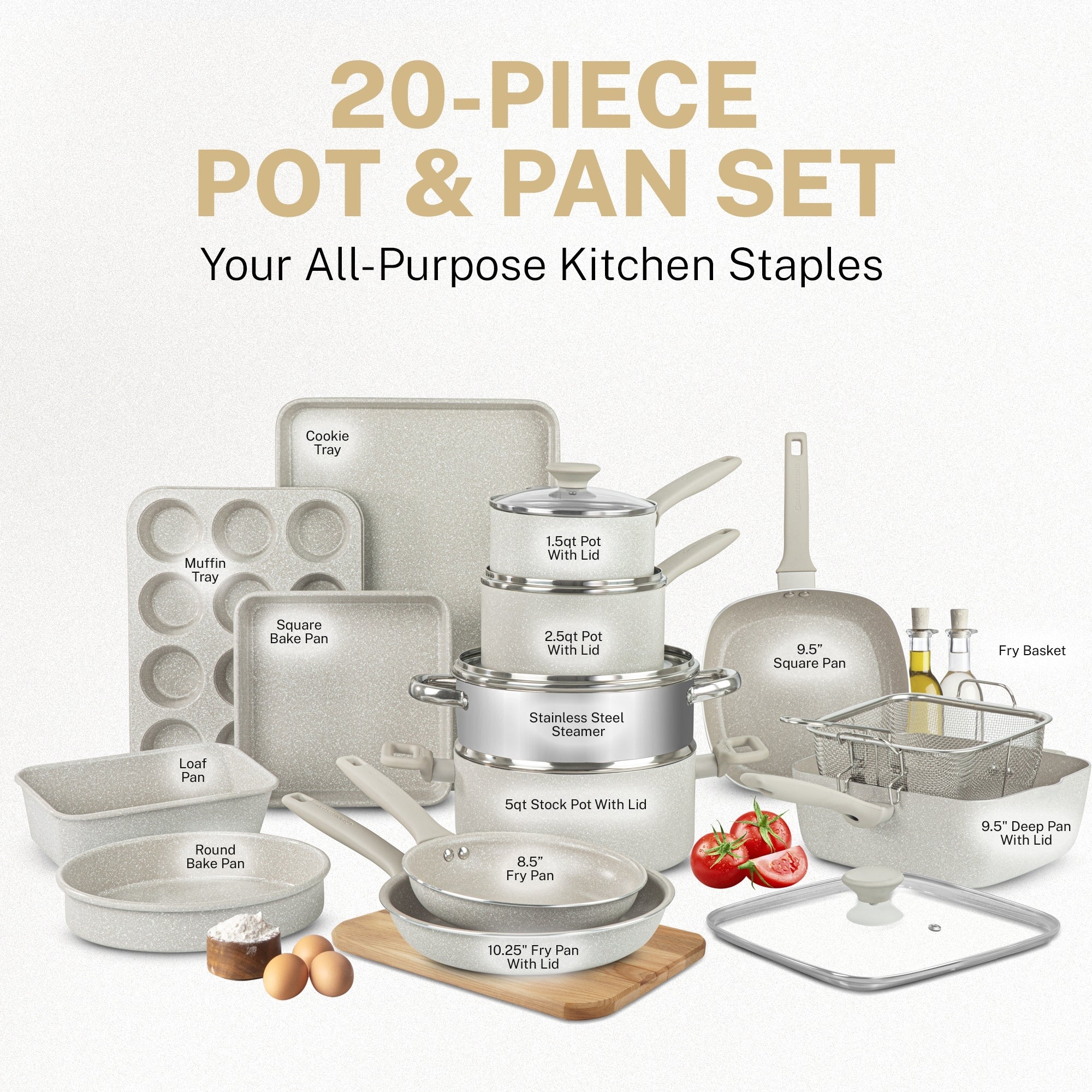 Granitestone Desert Cream 20 PC Nonstick Cookware and Bakeware Set