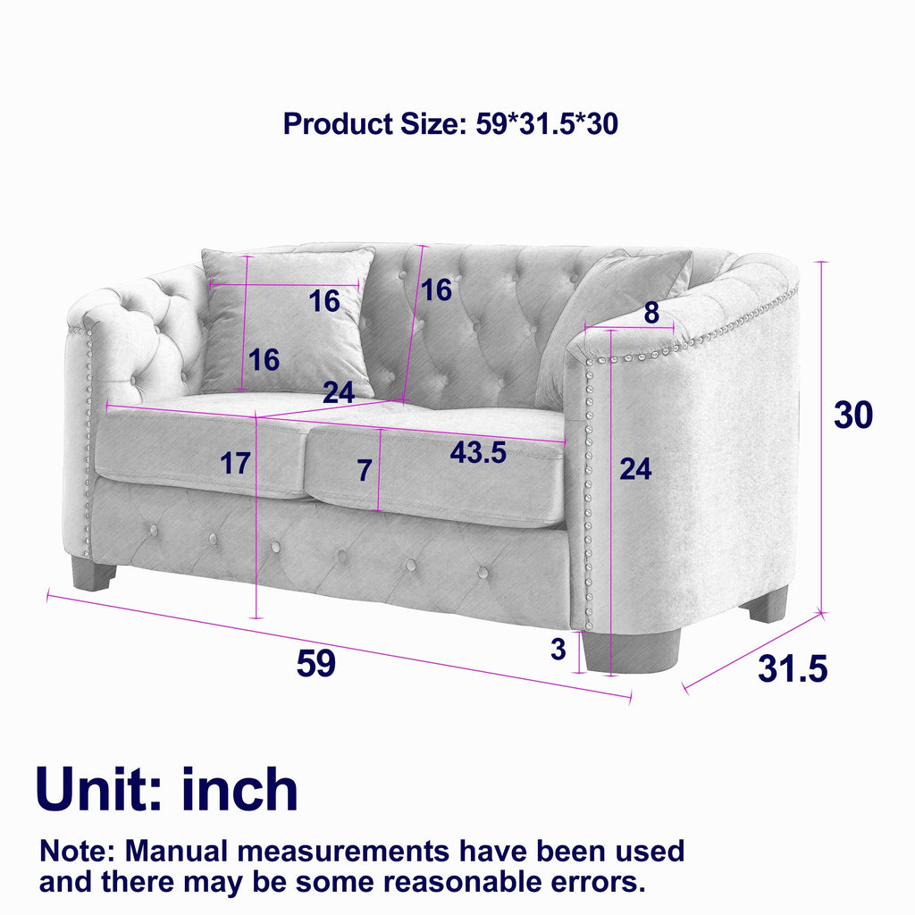Grey 59'' Modern Velvet 2-Seater Sofa with Tufted Backrest and Nailhead Arms