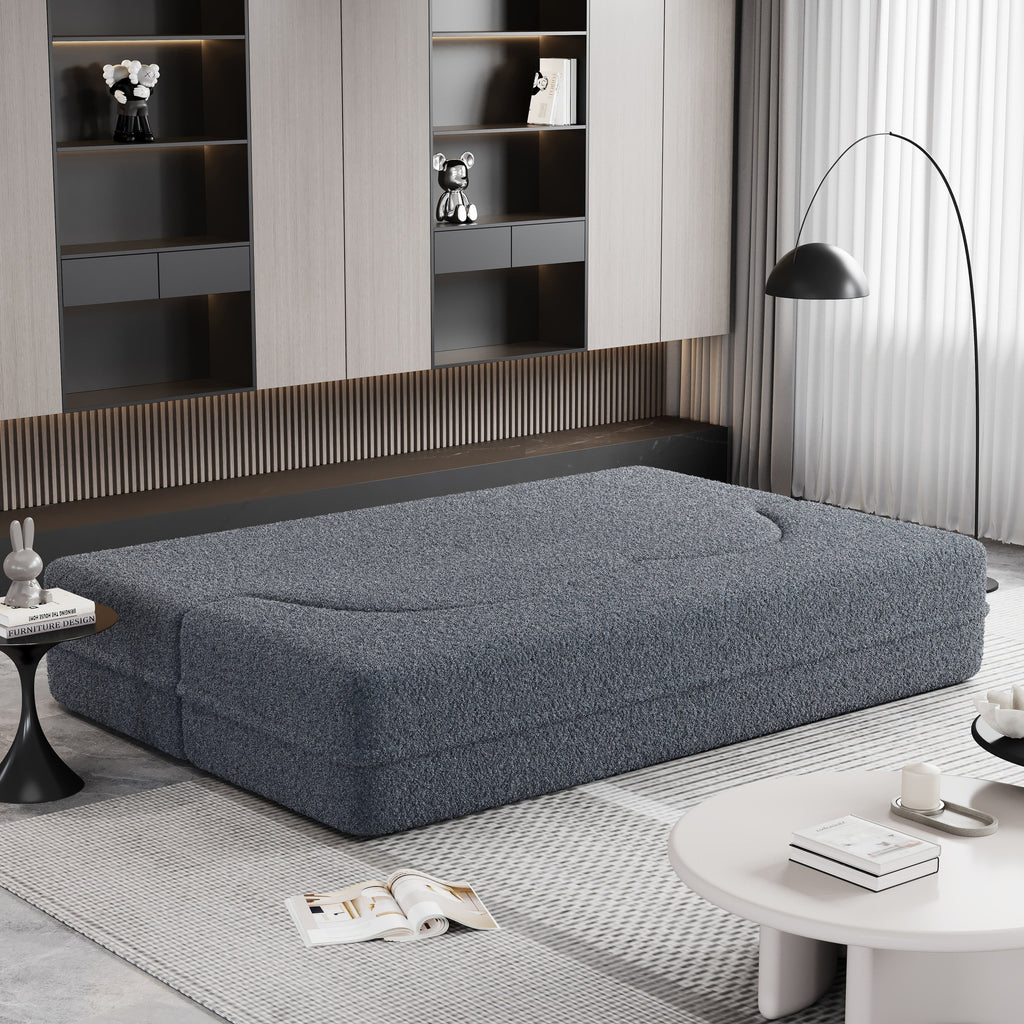 Grey 78 Convertible Teddy Fabric Loveseat Foam-Filled Floor Sofa Bed with 2 Pillows and Folding Mattress for Living Room