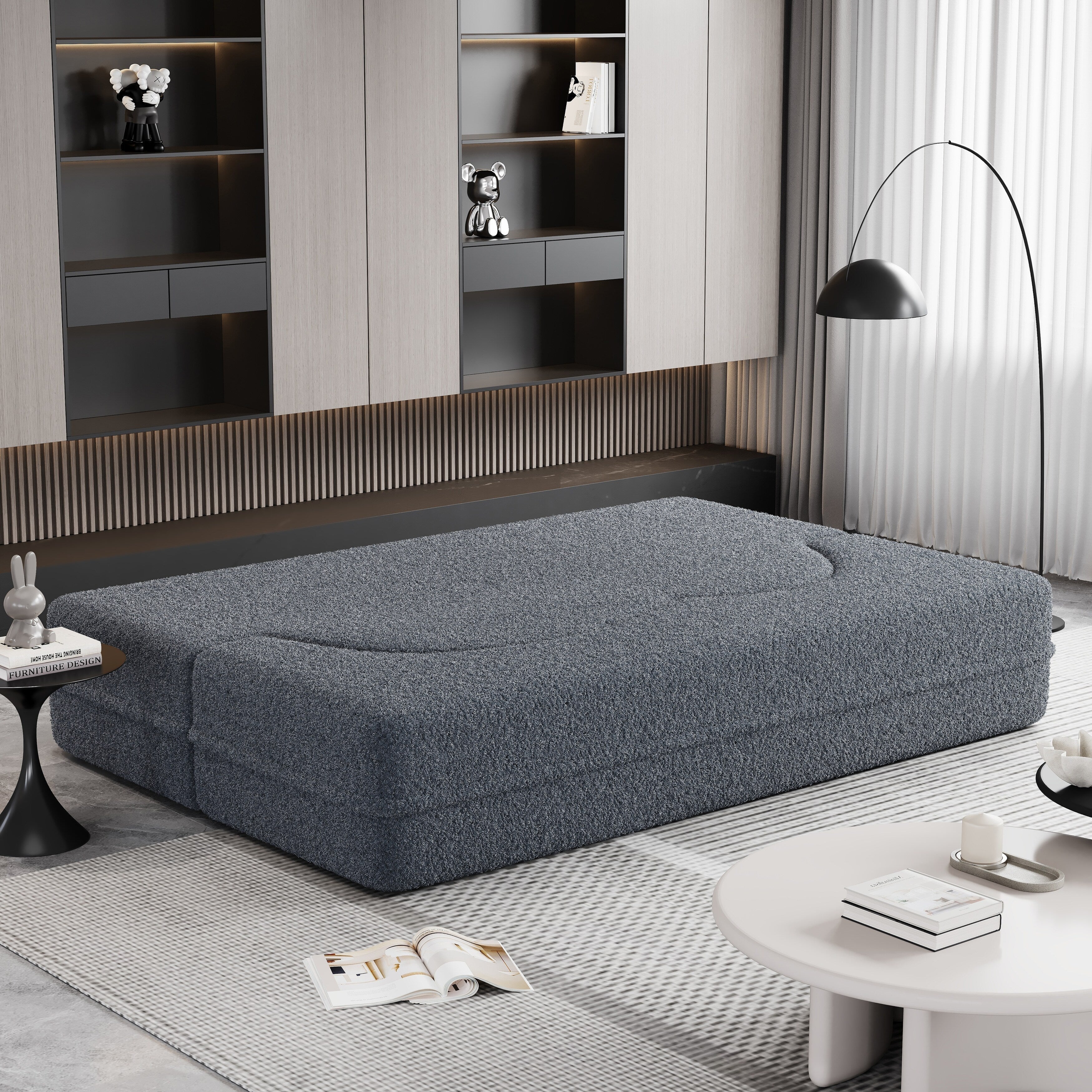 Grey 78 Convertible Teddy Fabric Loveseat Foam-Filled Floor Sofa Bed with 2 Pillows and Folding Mattress for Living Room