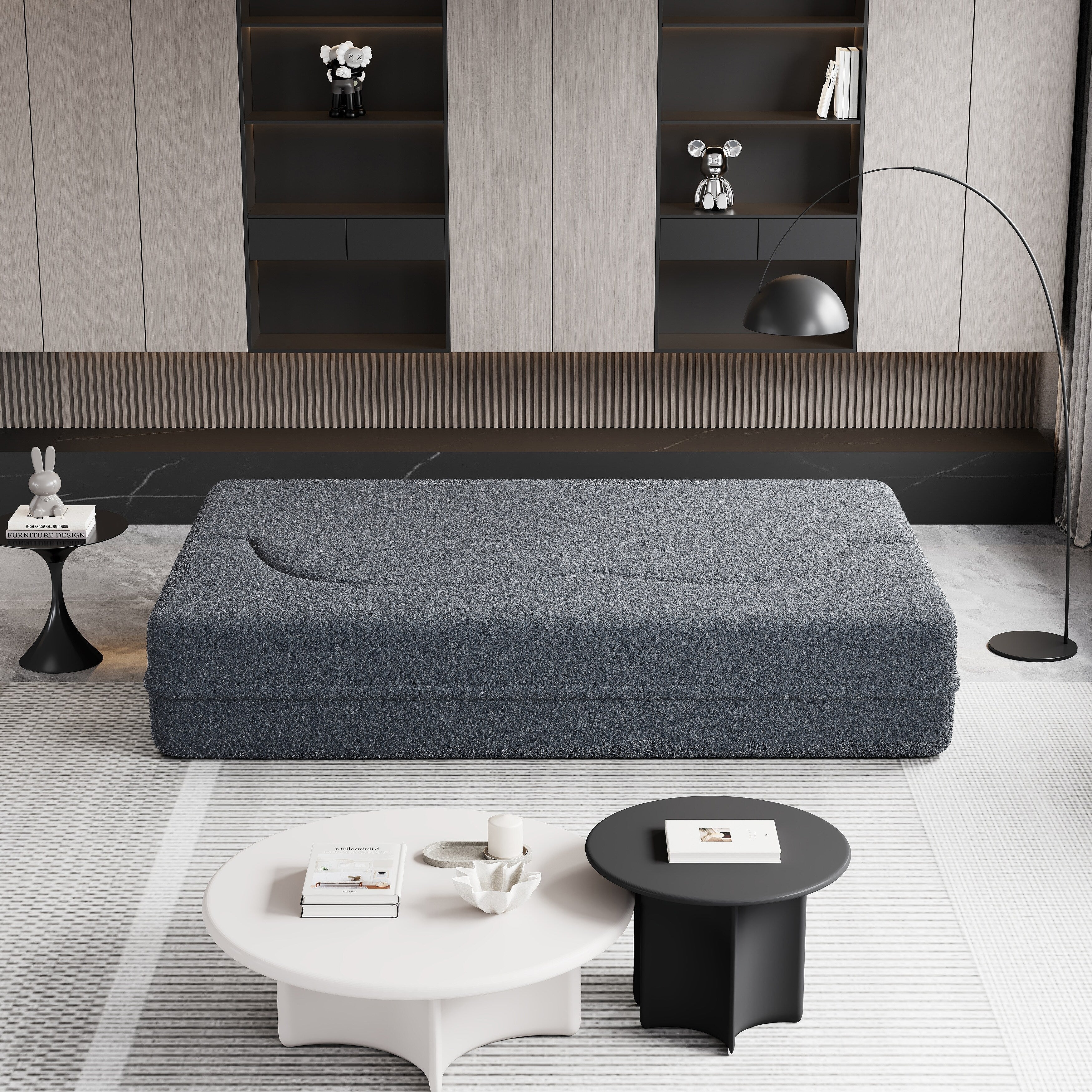 Grey 78 Convertible Teddy Fabric Loveseat Foam-Filled Floor Sofa Bed with 2 Pillows and Folding Mattress for Living Room