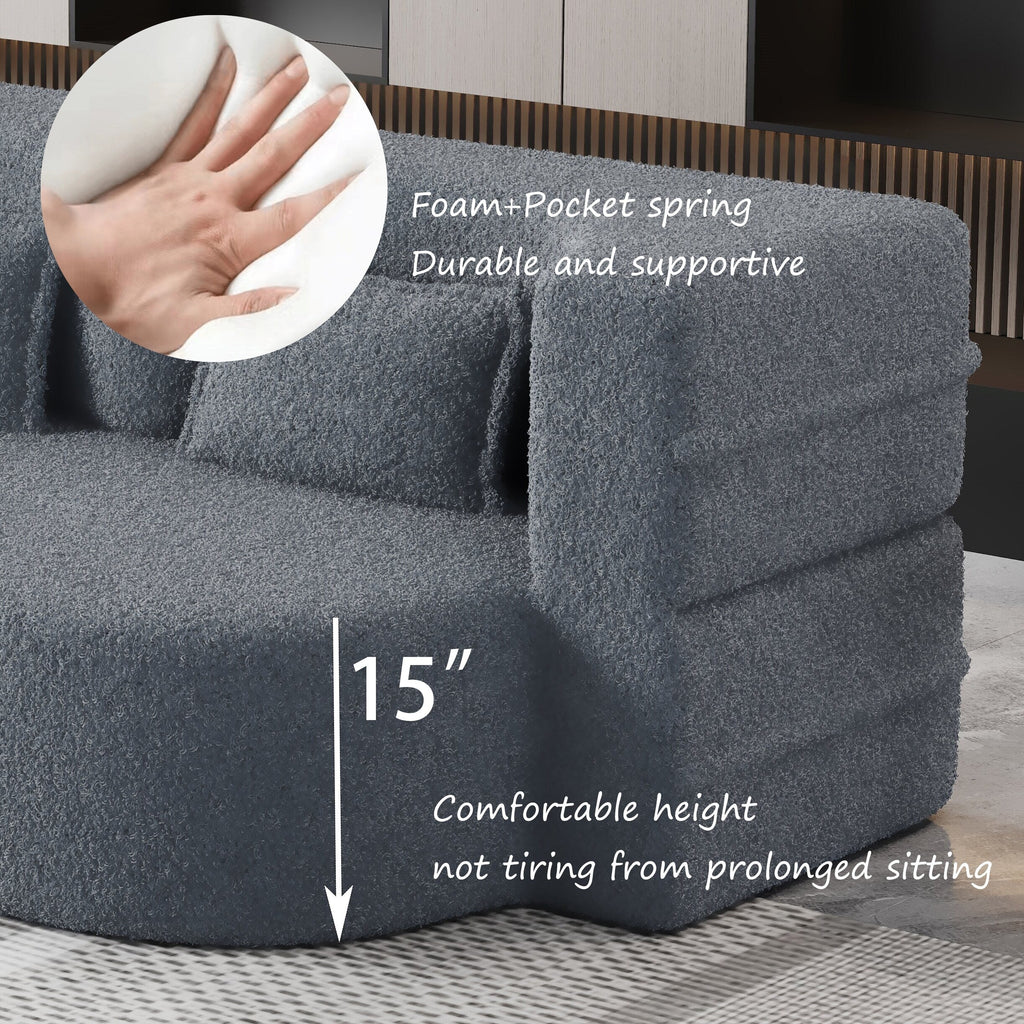 Grey 78 Convertible Teddy Fabric Loveseat Foam-Filled Floor Sofa Bed with 2 Pillows and Folding Mattress for Living Room