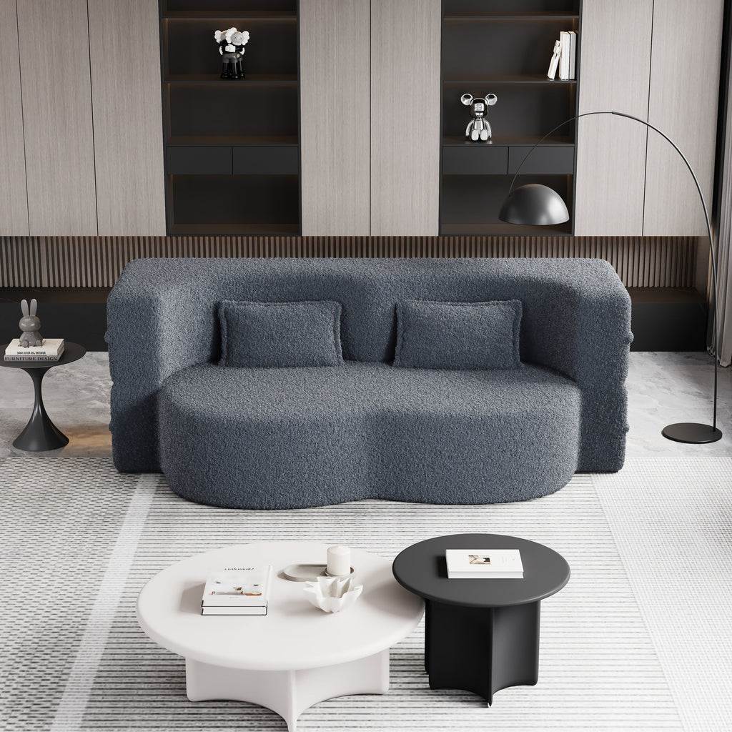 Grey 78 Convertible Teddy Fabric Loveseat Foam-Filled Floor Sofa Bed with 2 Pillows and Folding Mattress for Living Room