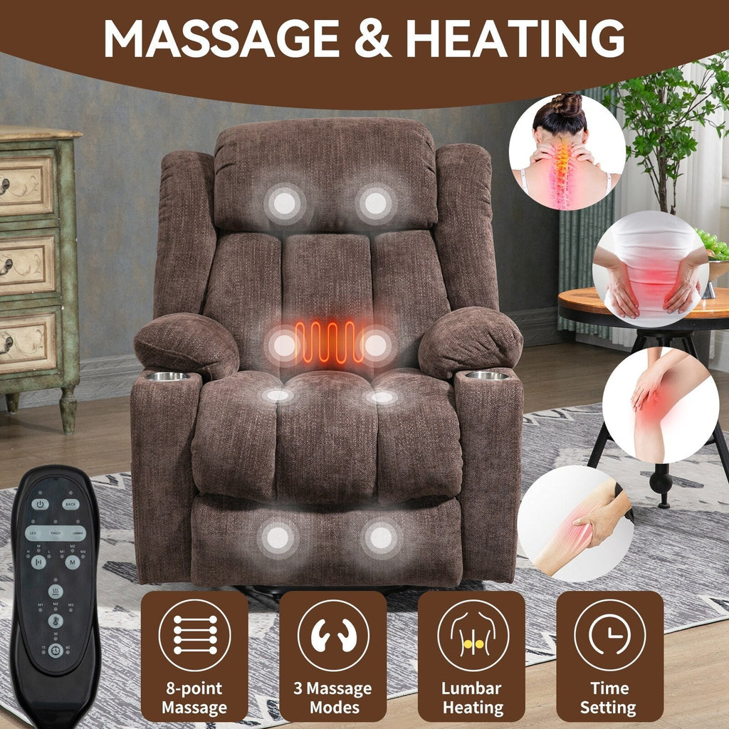 Grey Chenille Power Lift Recliner with Massage, Lumbar Heating, USB & Type-C Ports, and Stainless Steel Drink Holders