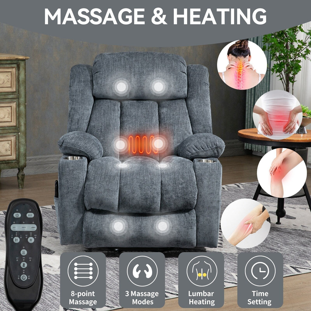 Grey Chenille Power Lift Recliner with Massage, Lumbar Heating, USB & Type-C Ports, and Stainless Steel Drink Holders