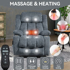 Grey Chenille Power Lift Recliner with Massage, Lumbar Heating, USB & Type-C Ports, and Stainless Steel Drink Holders
