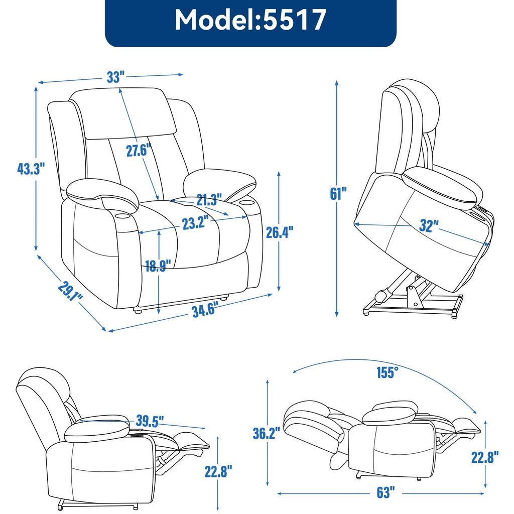 Grey Chenille Power Lift Recliner with Massage, Lumbar Heating, USB & Type-C Ports, and Stainless Steel Drink Holders