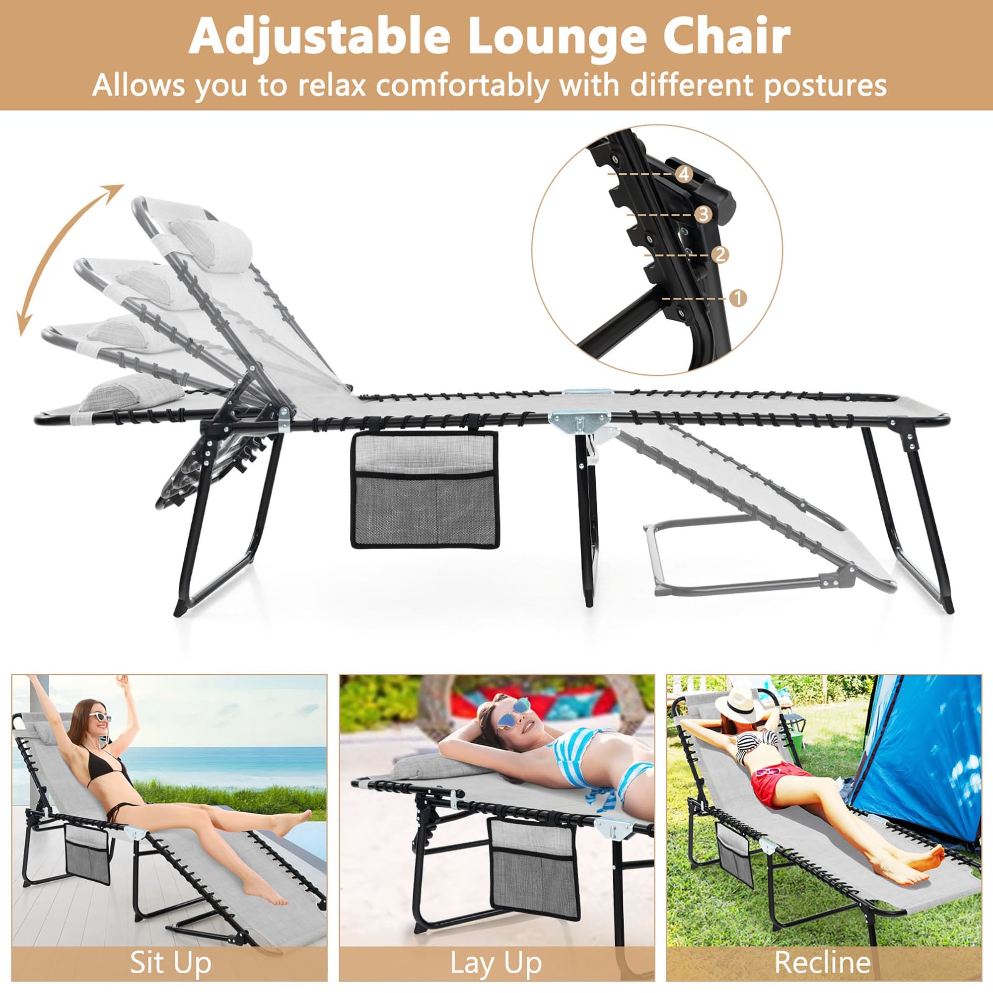 Gymax Folding Beach Lounger Chaise Lounge Chair w/ Pillow 4-Level