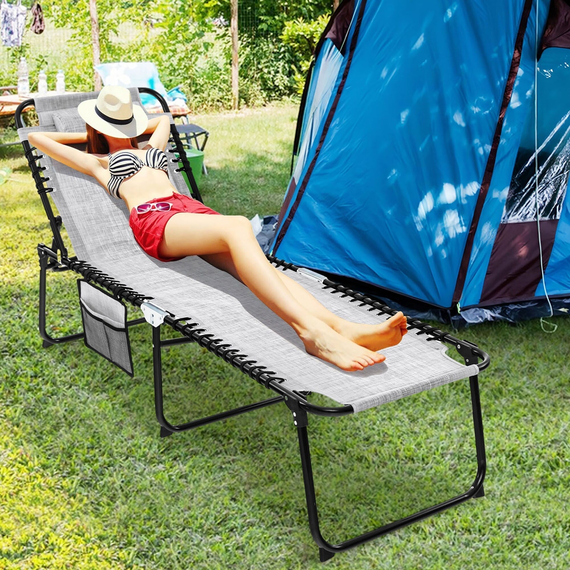 Gymax Folding Beach Lounger Chaise Lounge Chair w/ Pillow 4-Level