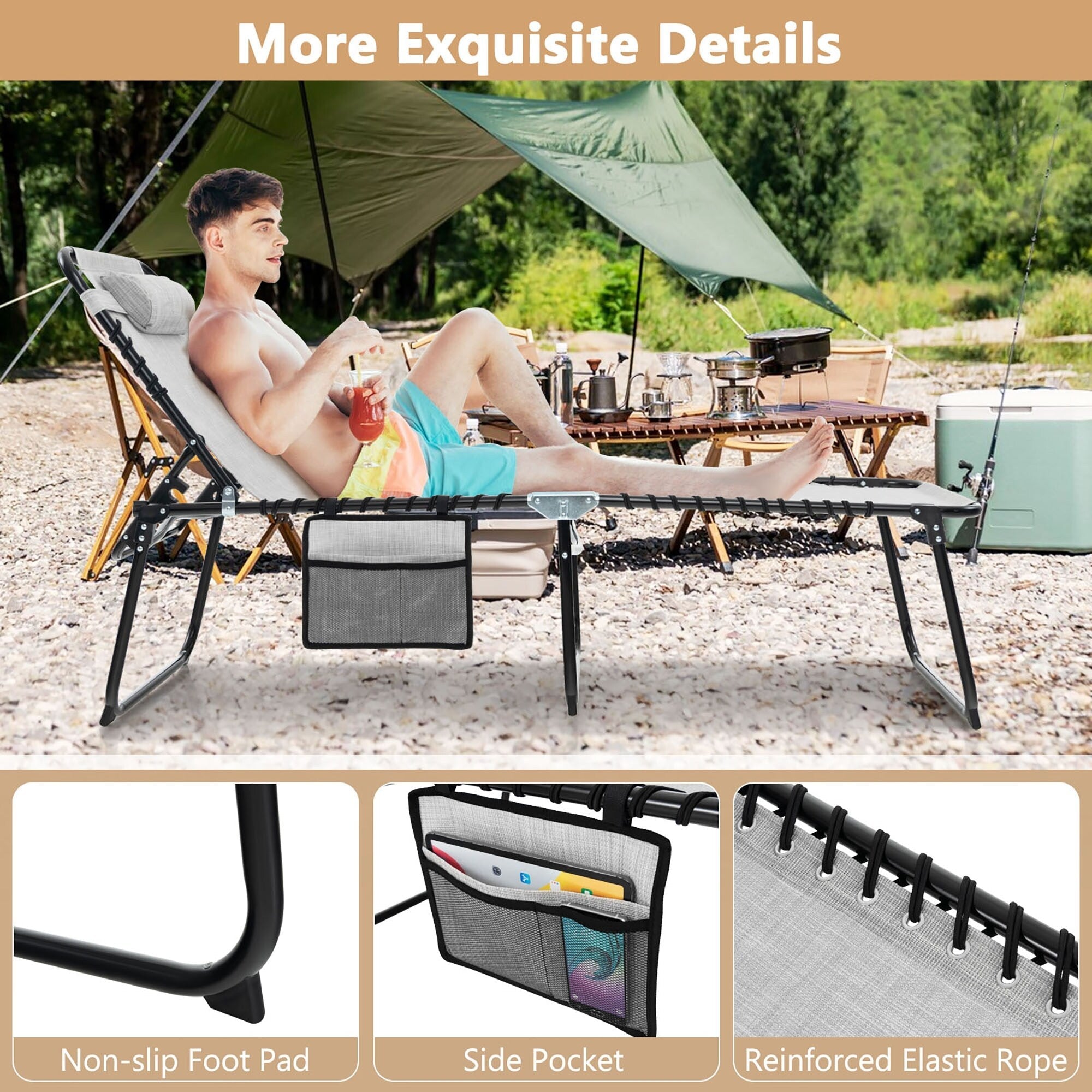Gymax Folding Beach Lounger Chaise Lounge Chair w/ Pillow 4-Level