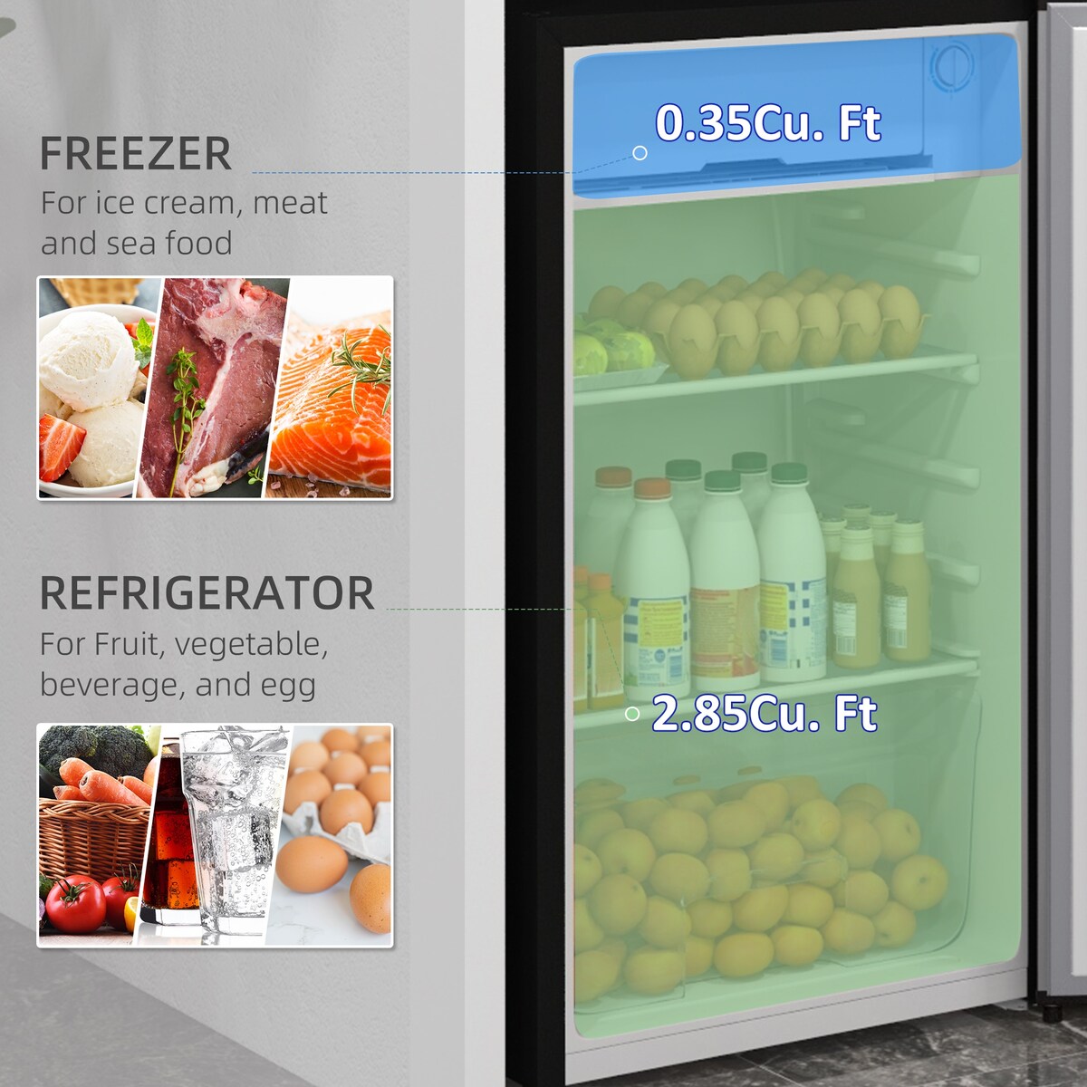 HOMCOM 3.2 Cu.Ft Mini Fridge with Freezer, Single Door Compact Refrigerator with Adjustable Thermostat