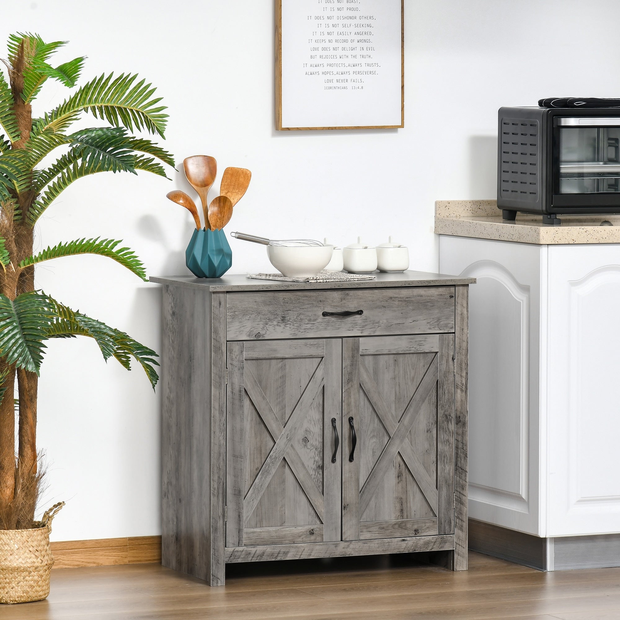 HOMCOM 32 Farmhouse Barn Door Style Sideboard Cabinet,Buffet Storage Cabinet Coffee Bar for Living Room or Entryway