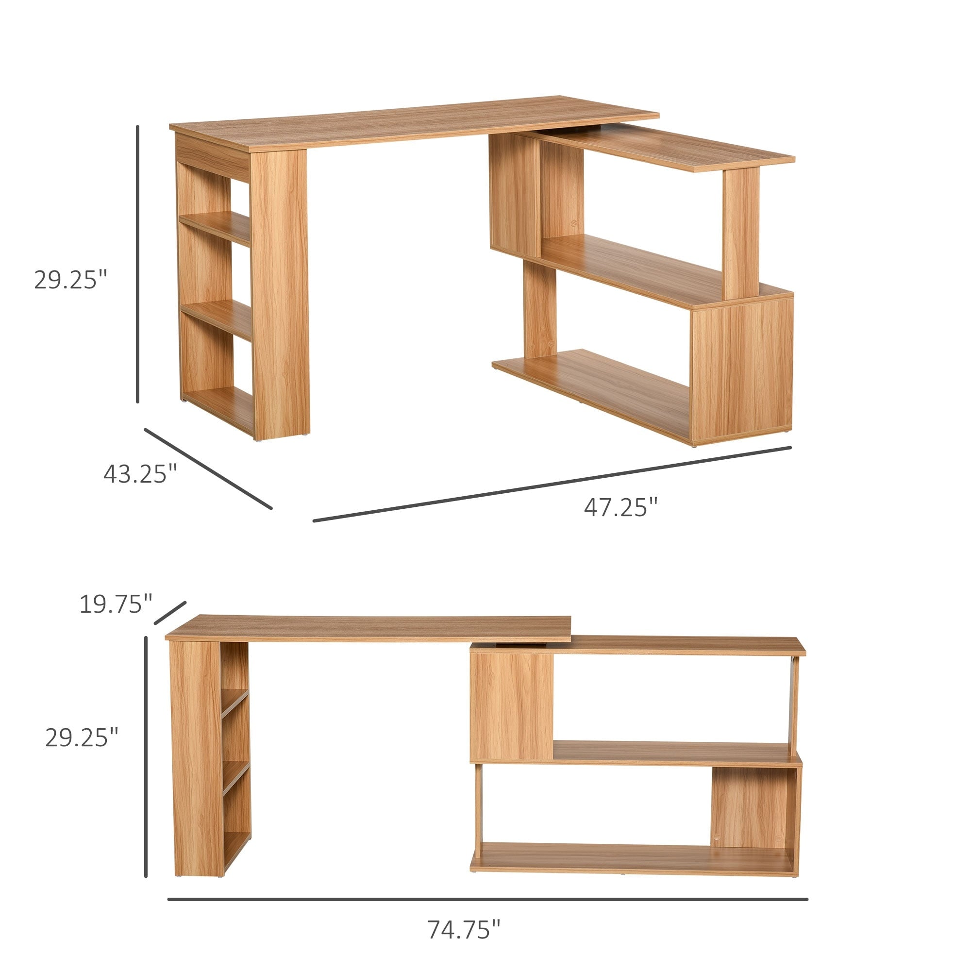 HomCom Modern L Shaped Rotating Computer Desk with Bookshelves