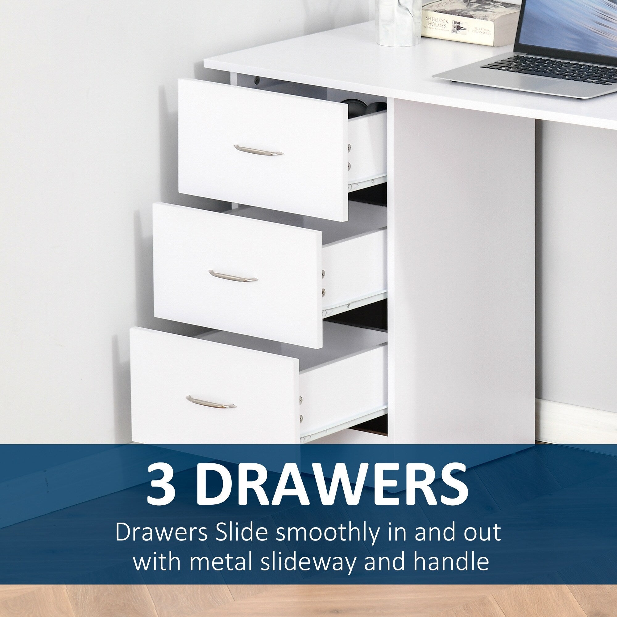 HOMCOM 47 Modern Home Office Computer Desk Bookcase Combo Writing Table Workstation with 3 Drawer and Storage Shelf - White