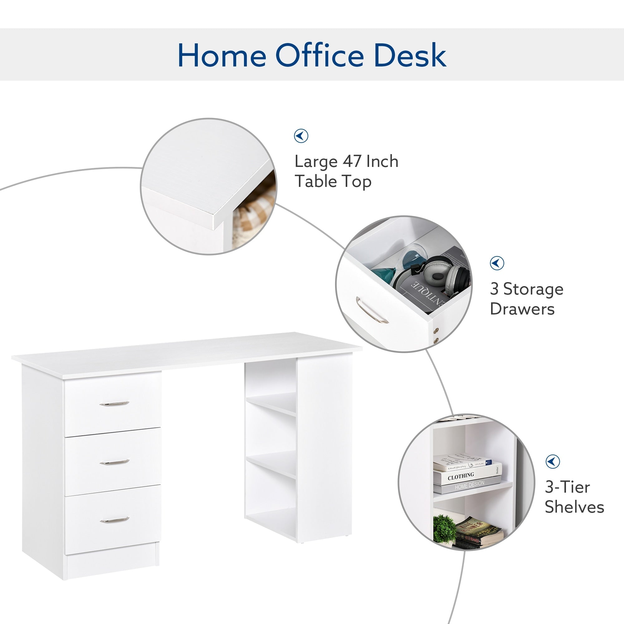 HOMCOM 47 Modern Home Office Computer Desk Bookcase Combo Writing Table Workstation with 3 Drawer and Storage Shelf - White