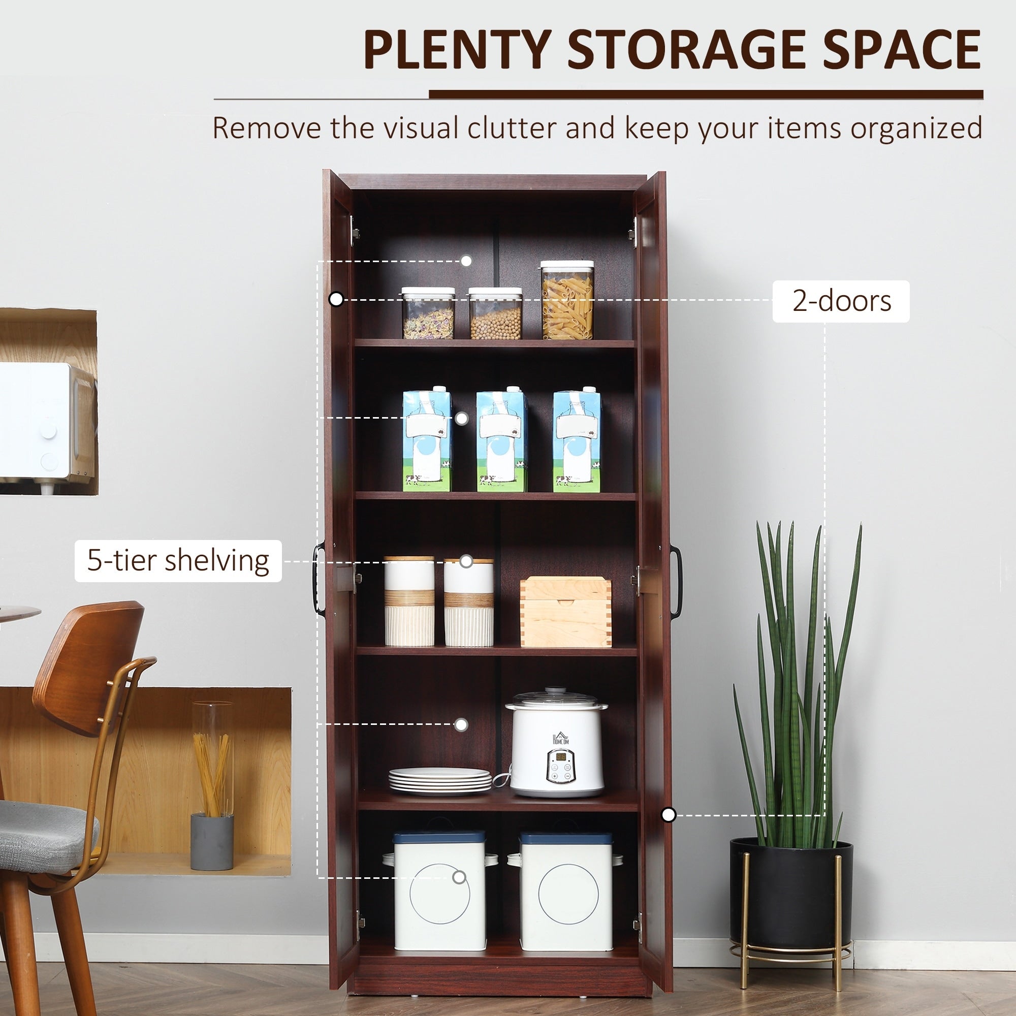 HOMCOM 63 2-Door Kitchen Pantry, Freestanding Storage Cabinet with 5-tier Shelving and 2 Adjustable Shelves for Dining Room