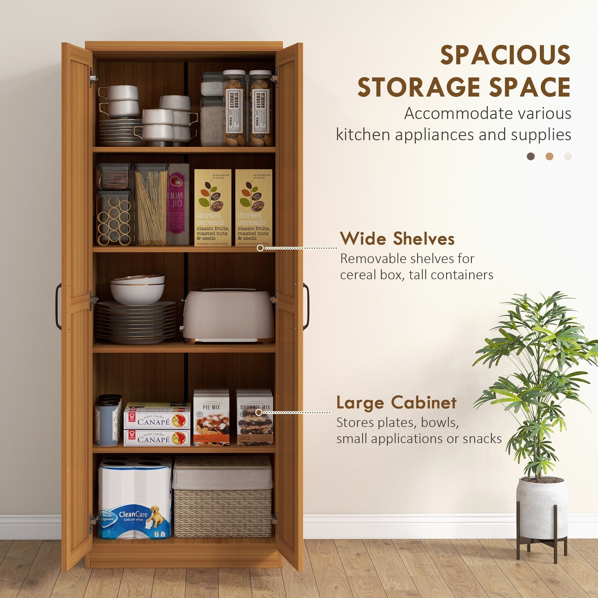 HOMCOM 63 2-Door Kitchen Pantry, Freestanding Storage Cabinet with 5-tier Shelving and 2 Adjustable Shelves for Dining Room