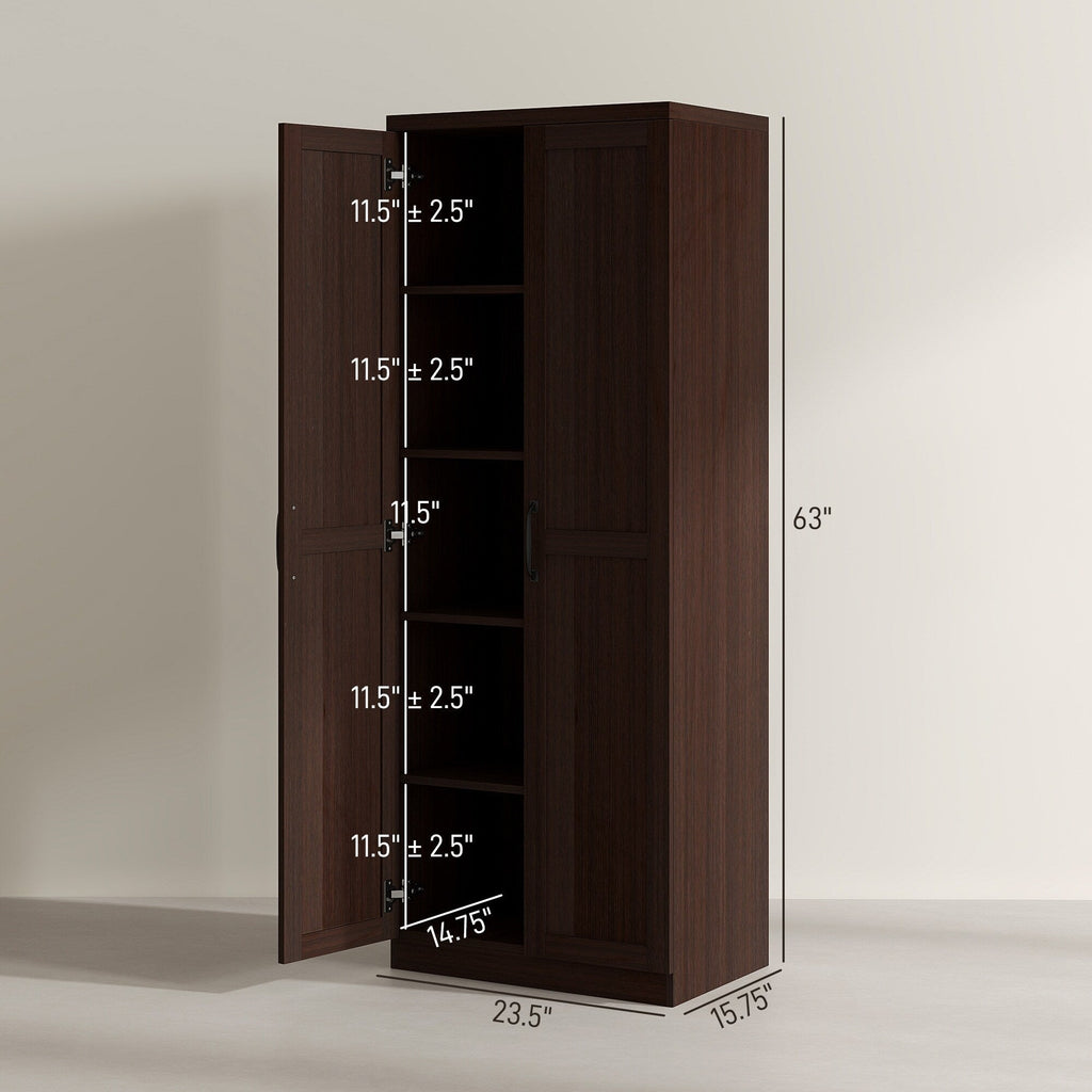 HOMCOM 63 2-Door Kitchen Pantry, Freestanding Storage Cabinet with 5-tier Shelving and 2 Adjustable Shelves for Dining Room