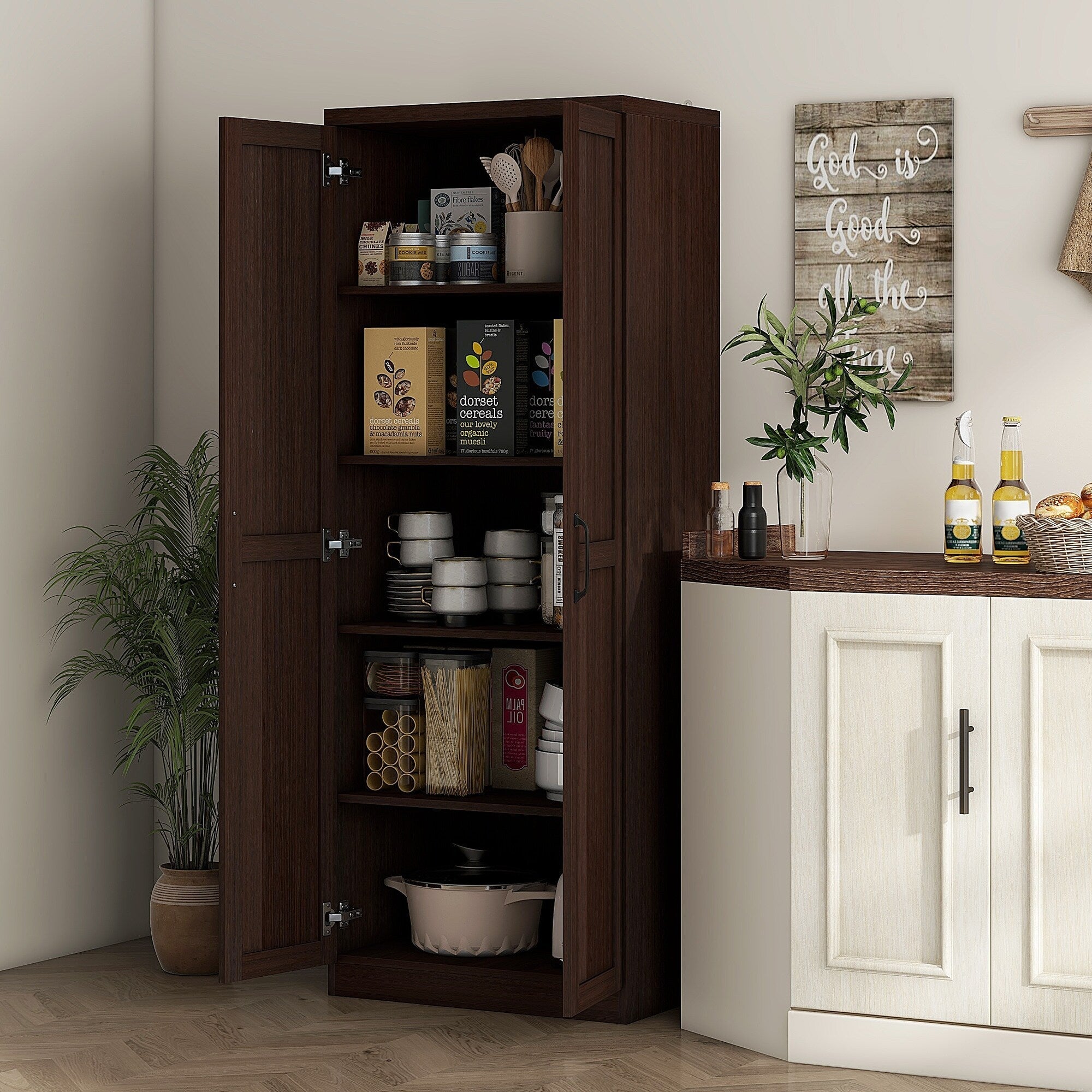 HOMCOM 63 2-Door Kitchen Pantry, Freestanding Storage Cabinet with 5-tier Shelving and 2 Adjustable Shelves for Dining Room