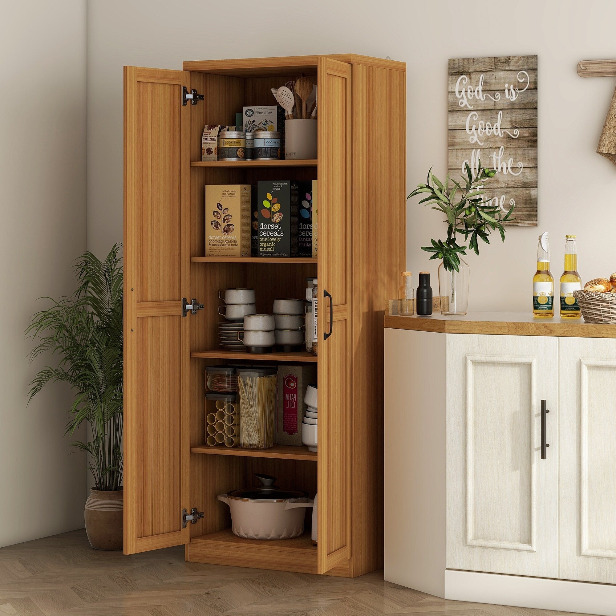 HOMCOM 63 2-Door Kitchen Pantry, Freestanding Storage Cabinet with 5-tier Shelving and 2 Adjustable Shelves for Dining Room