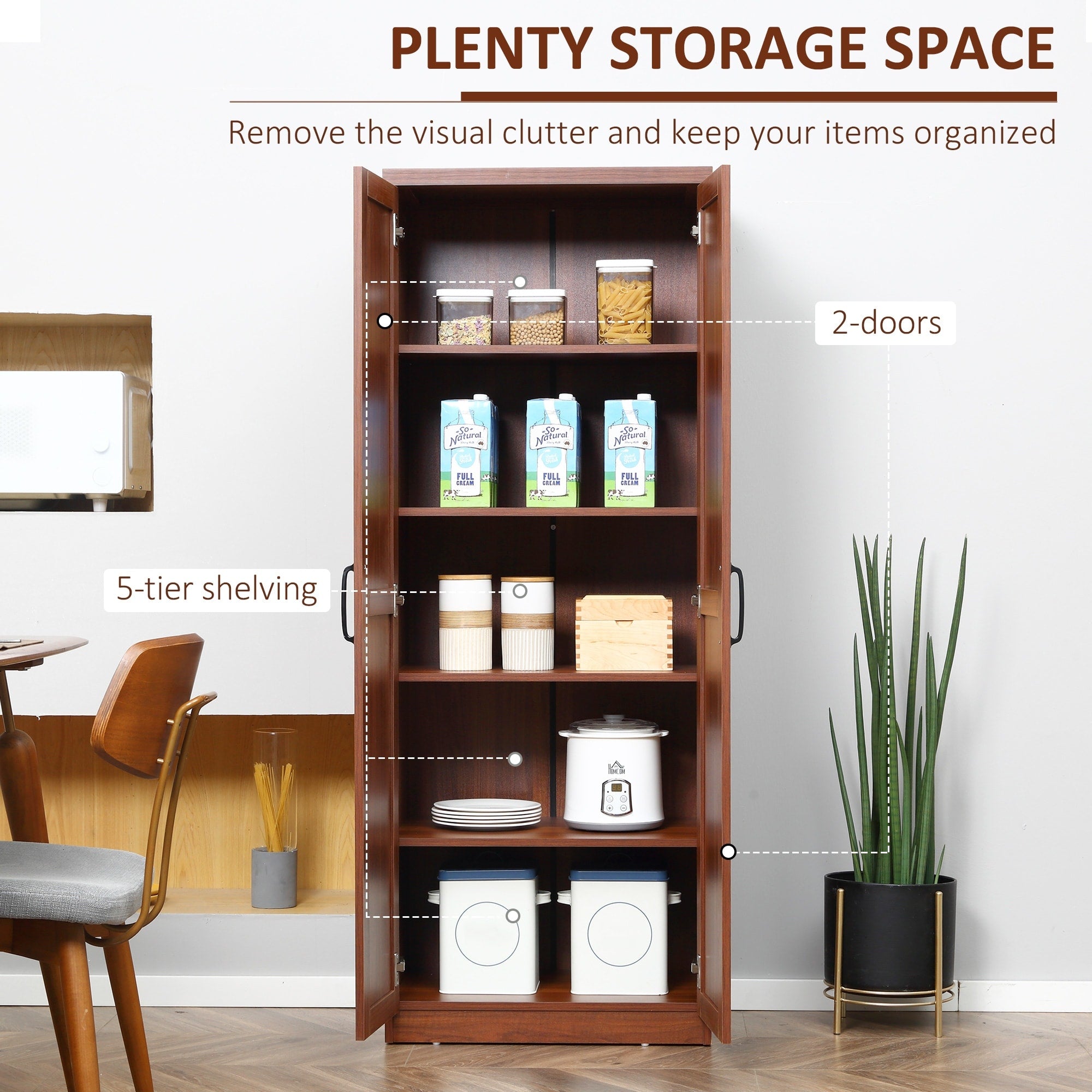 HOMCOM 63 2-Door Kitchen Pantry, Freestanding Storage Cabinet with 5-tier Shelving and 2 Adjustable Shelves for Dining Room