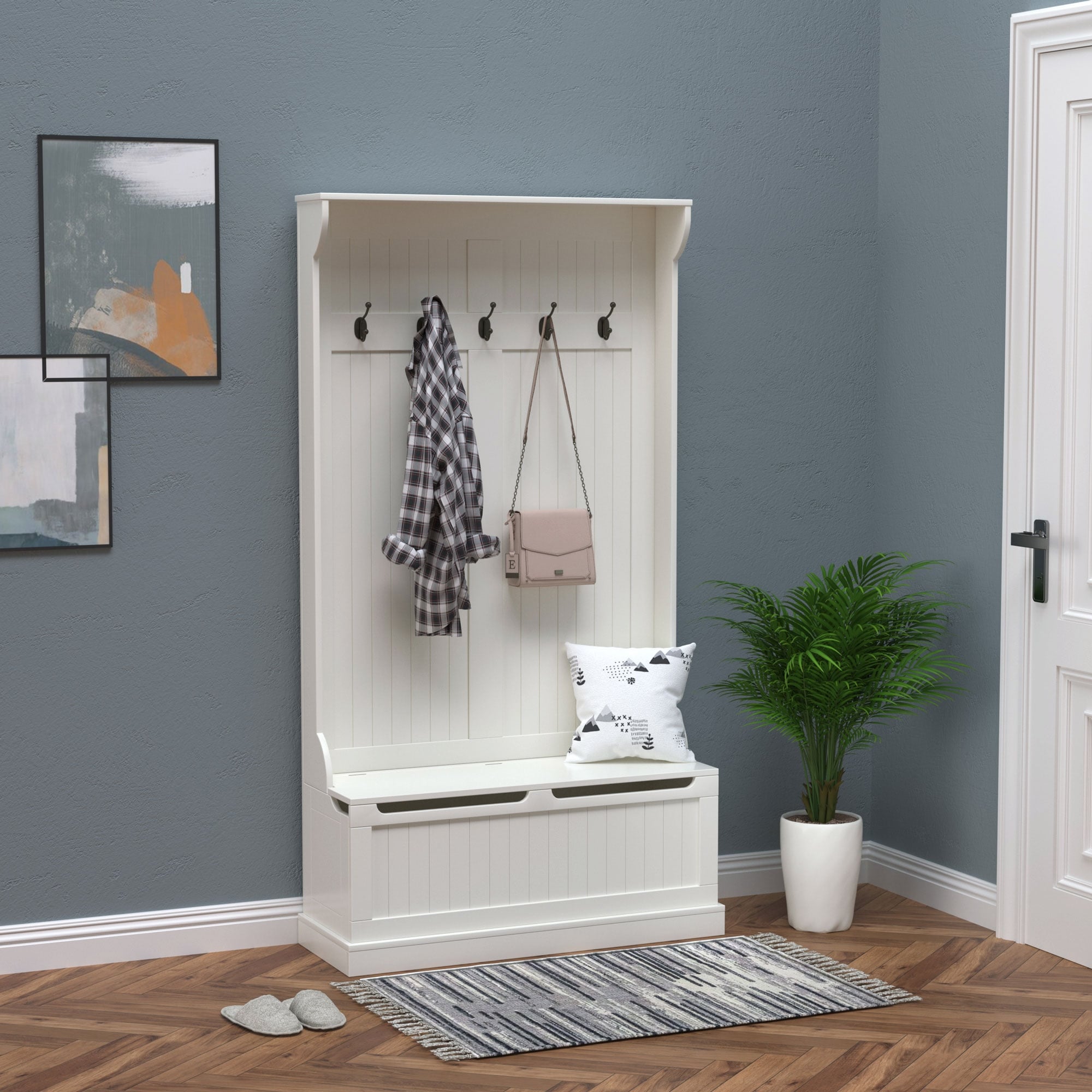 HOMCOM 71 3-In-1 Hall Tree Storage Bench and Coat Rack with 5 Steel Double Hooks, and Anti-Topple Anchor for Entryway