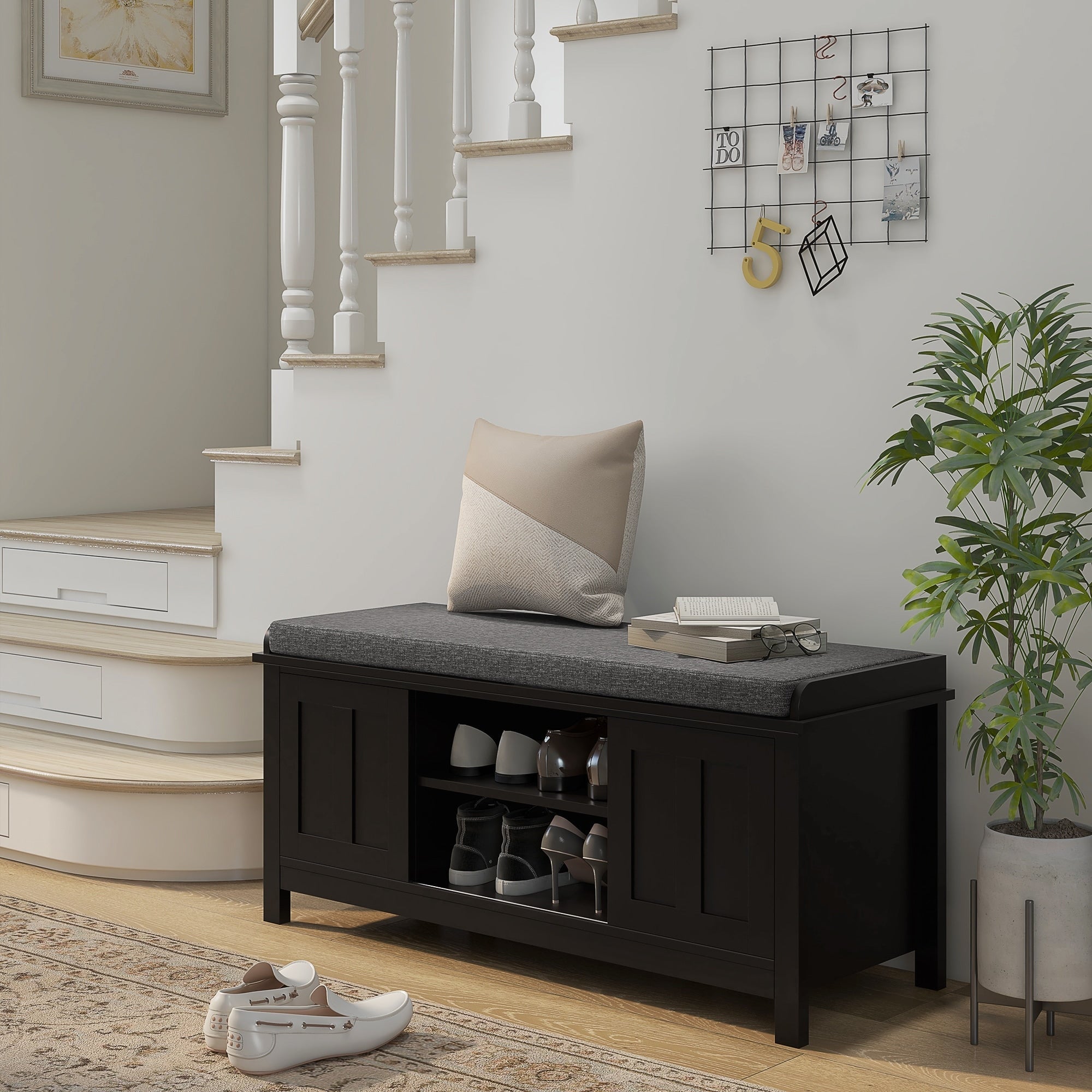HOMCOM Entryway Shoe Bench Storage Ottoman with Adjustable Shelving, 6 Compartments, and Padded Seat, White/Grey