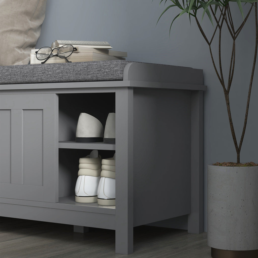 HOMCOM Entryway Shoe Bench Storage Ottoman with Adjustable Shelving, 6 Compartments, and Padded Seat, White/Grey