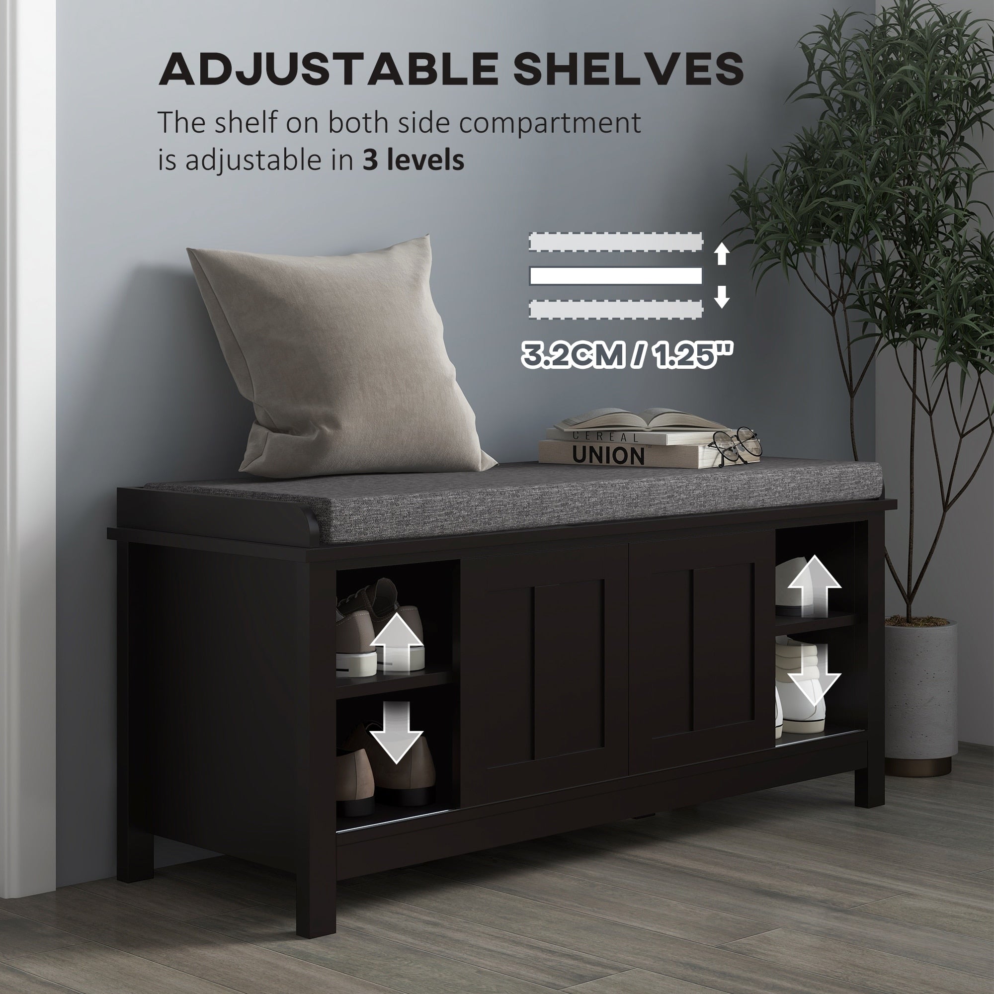 HOMCOM Entryway Shoe Bench Storage Ottoman with Adjustable Shelving, 6 Compartments, and Padded Seat, White/Grey