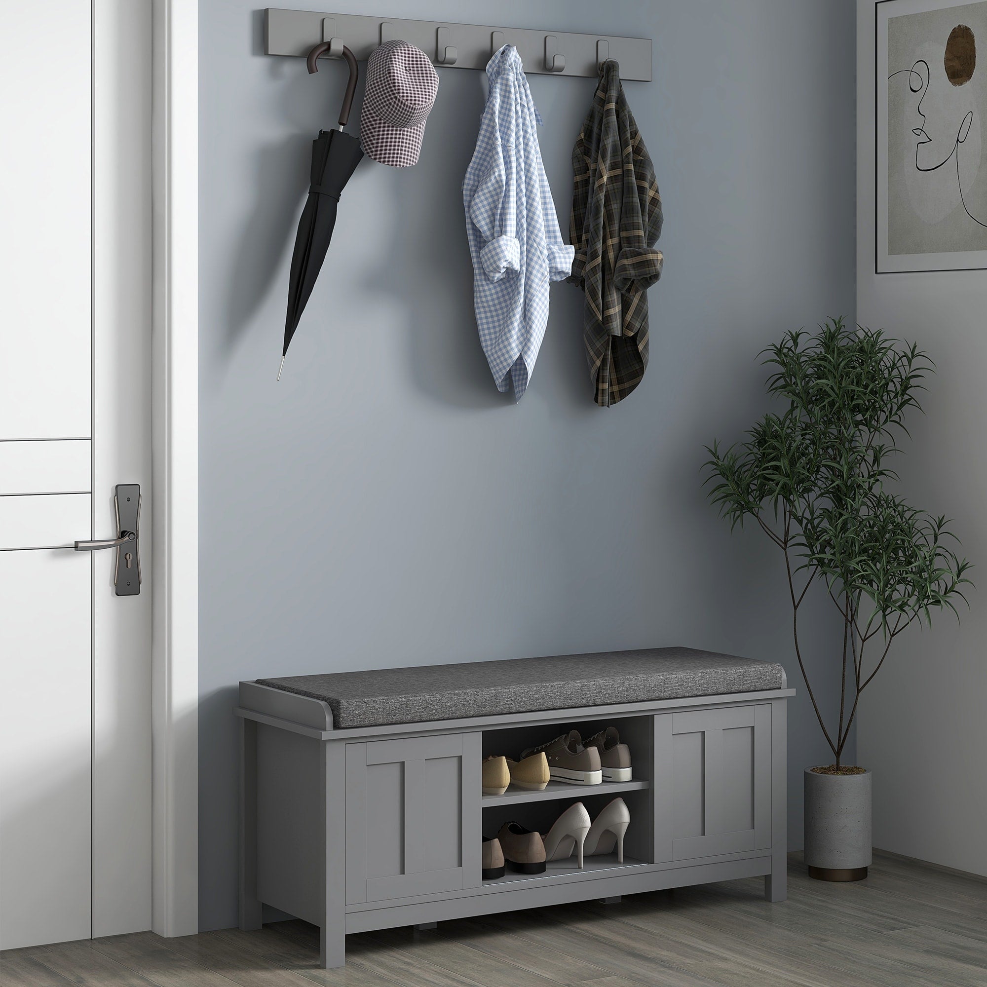 HOMCOM Entryway Shoe Bench Storage Ottoman with Adjustable Shelving, 6 Compartments, and Padded Seat, White/Grey