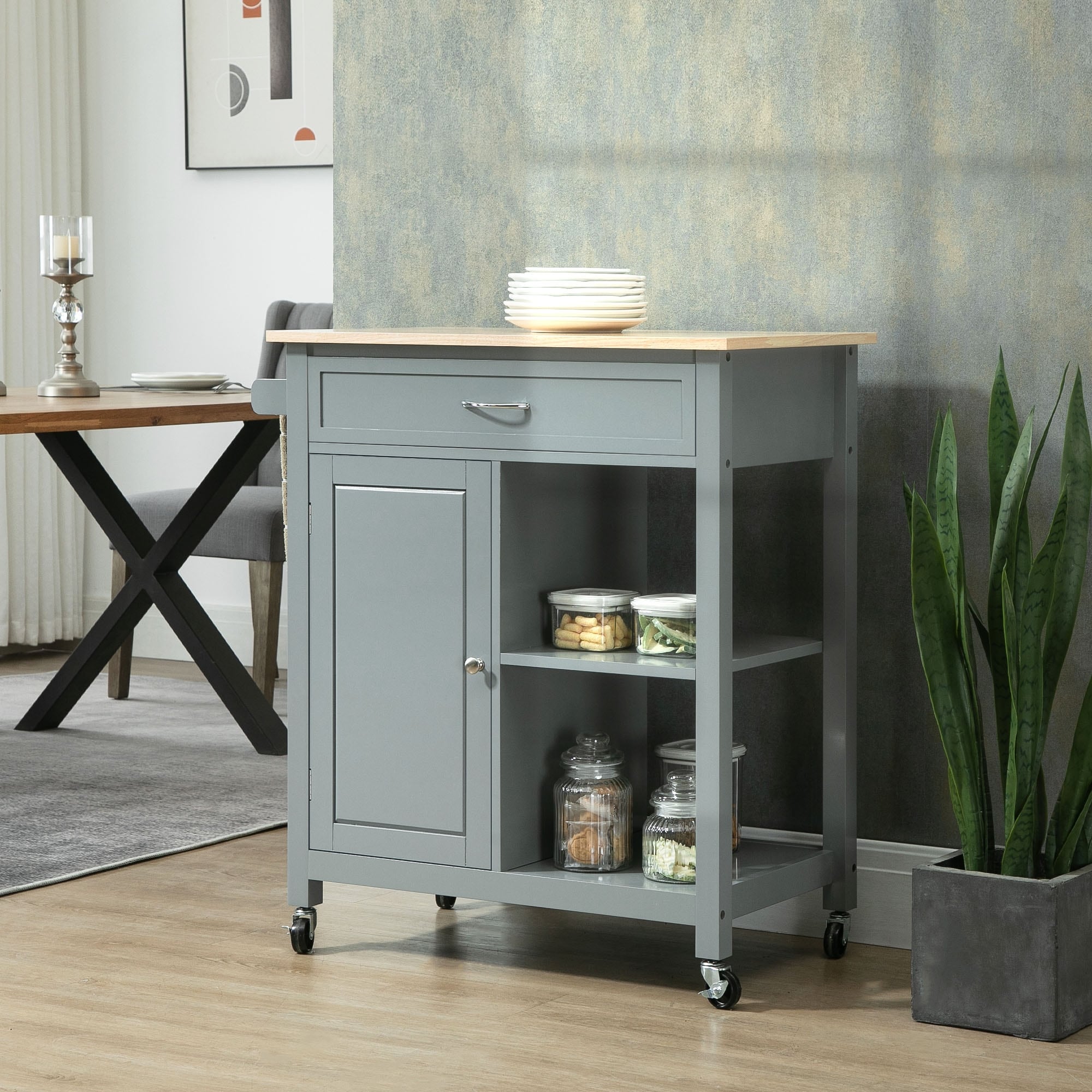 HOMCOM Kitchen Trolley, Wood Top Utility Cart on Wheels with Open Shelf and Storage Drawer for Dining Room, Kitchen
