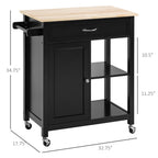 HOMCOM Kitchen Trolley, Wood Top Utility Cart on Wheels with Open Shelf and Storage Drawer for Dining Room, Kitchen