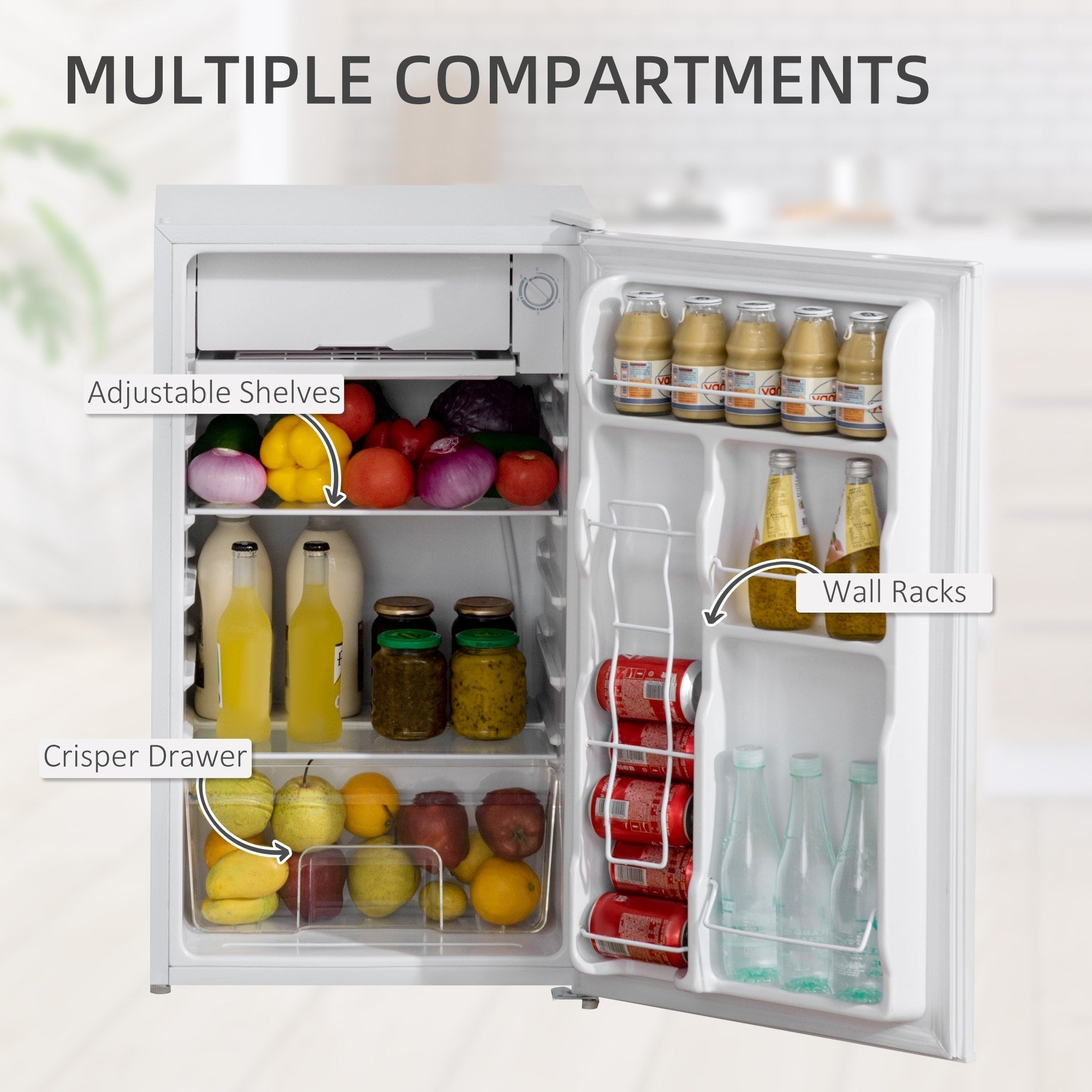 HOMCOM 3.2 Cu.Ft Mini Fridge with Freezer, Single Door Compact Refrigerator with Adjustable Thermostat for Bedroom