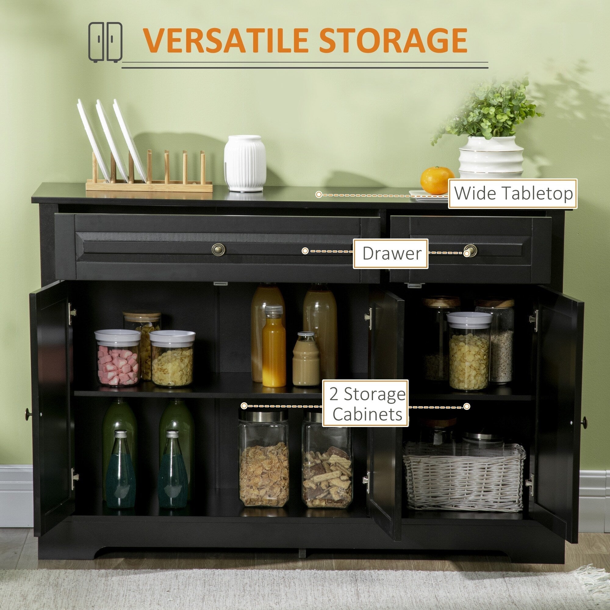 HOMCOM Modern Sideboard Buffet Cabinet with Storage Cupboards, 2 Drawers and Adjustable Shelves, Black