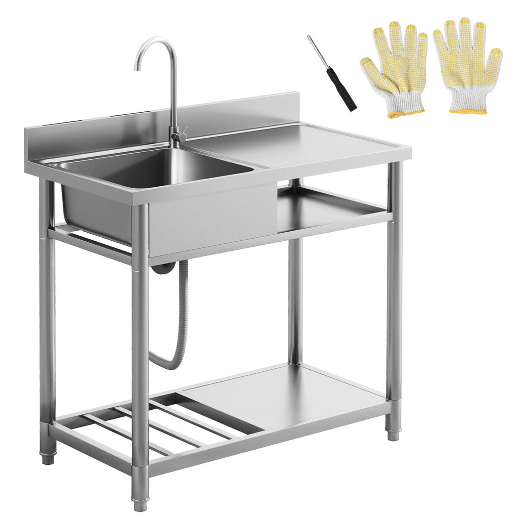 HOMCOM Outdoor Utility Sink, Deep Stainless Steel Sink, Free Standing Single Bowl Kitchen Sink, 39 Inch - 39 Inch