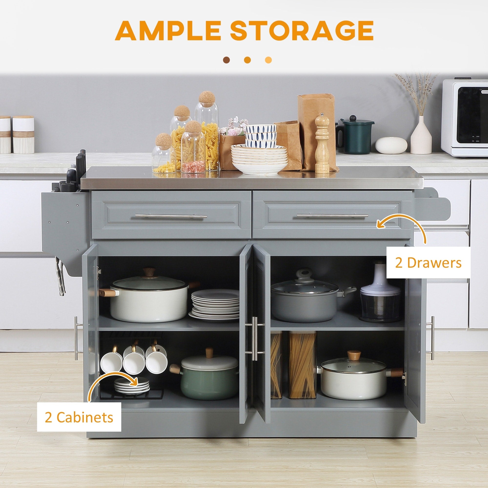 HOMCOM Rolling Kitchen Island with Storage, Portable Kitchen Cart with Stainless Steel Top, Gray - N/A