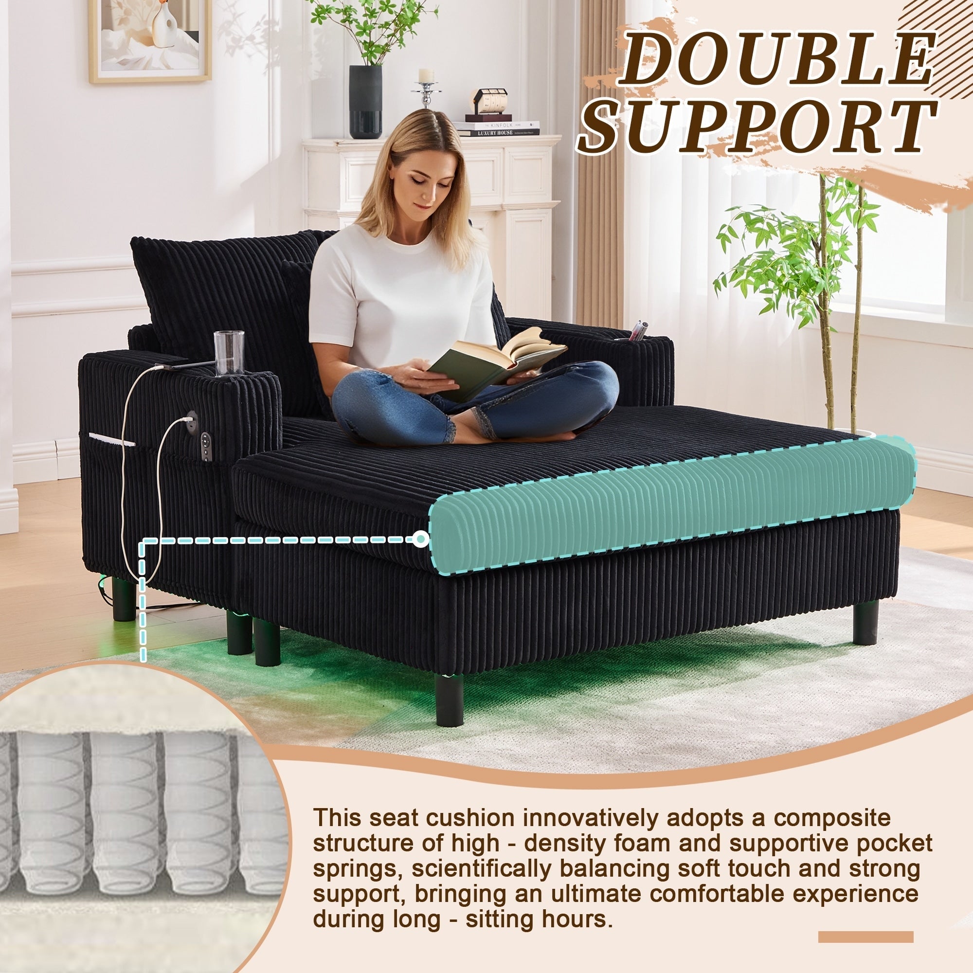 HOMEFUN Corduroy Upholstered Oversized RGB LED Light Recliner Sofa Bed with Cup Holder,USB&3 Pillows