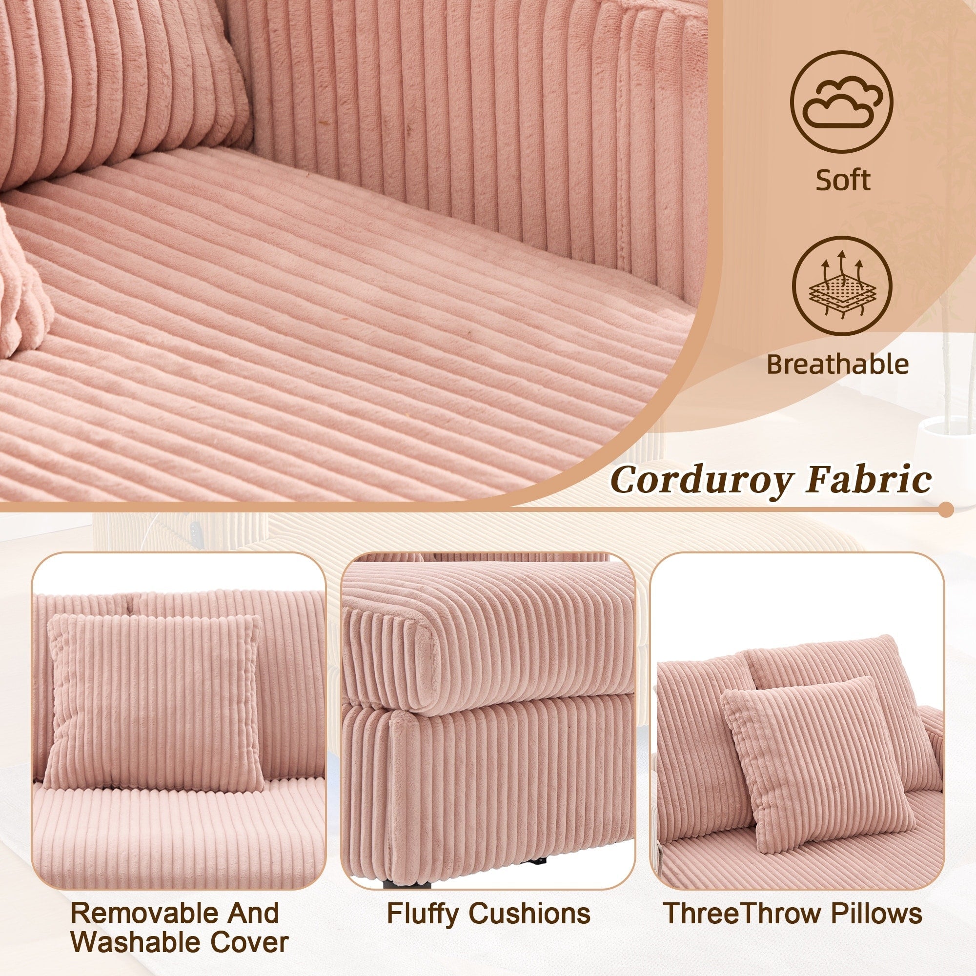 HOMEFUN Corduroy Upholstered Oversized RGB LED Light Recliner Sofa Bed with Cup Holder,USB&3 Pillows