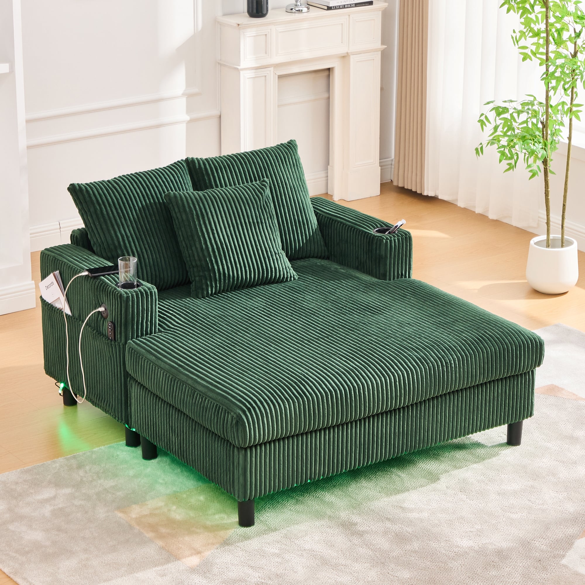 HOMEFUN Corduroy Upholstered Oversized RGB LED Light Recliner Sofa Bed with Cup Holder,USB&3 Pillows