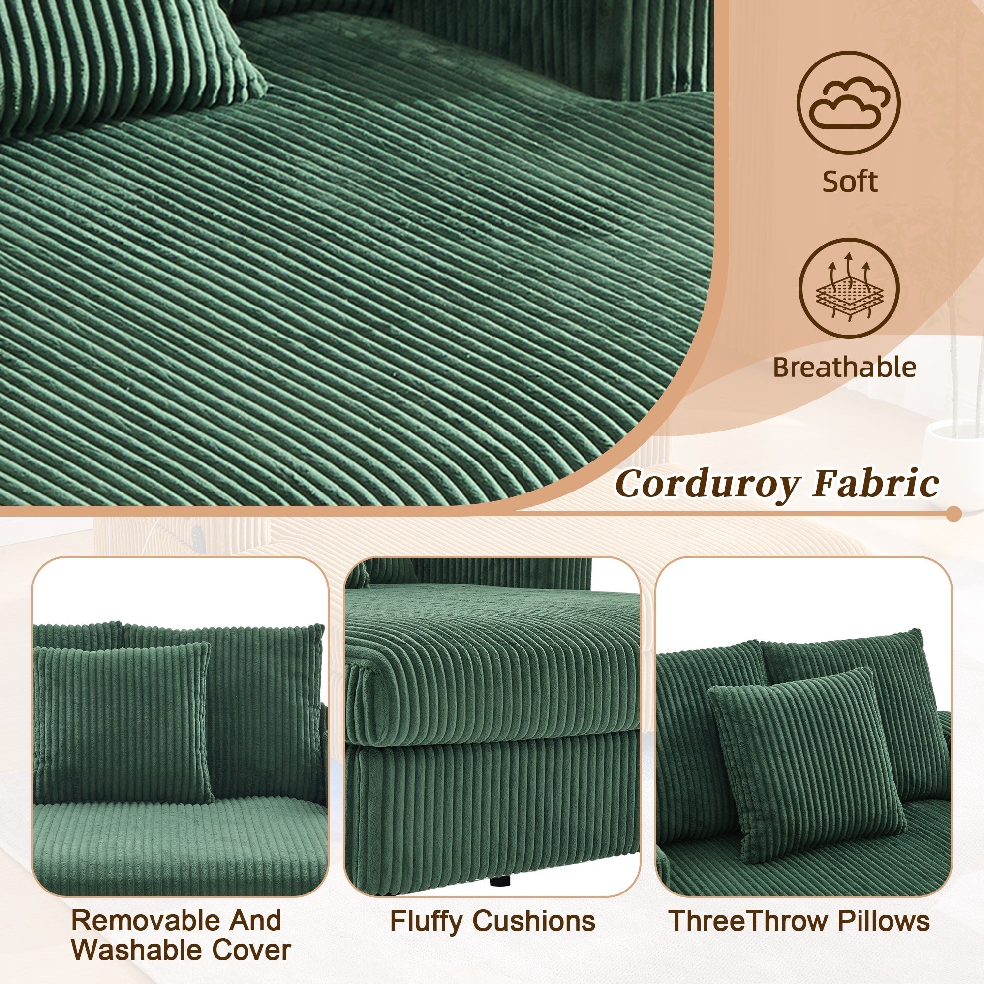 HOMEFUN Corduroy Upholstered Oversized RGB LED Light Recliner Sofa Bed with Cup Holder,USB&3 Pillows