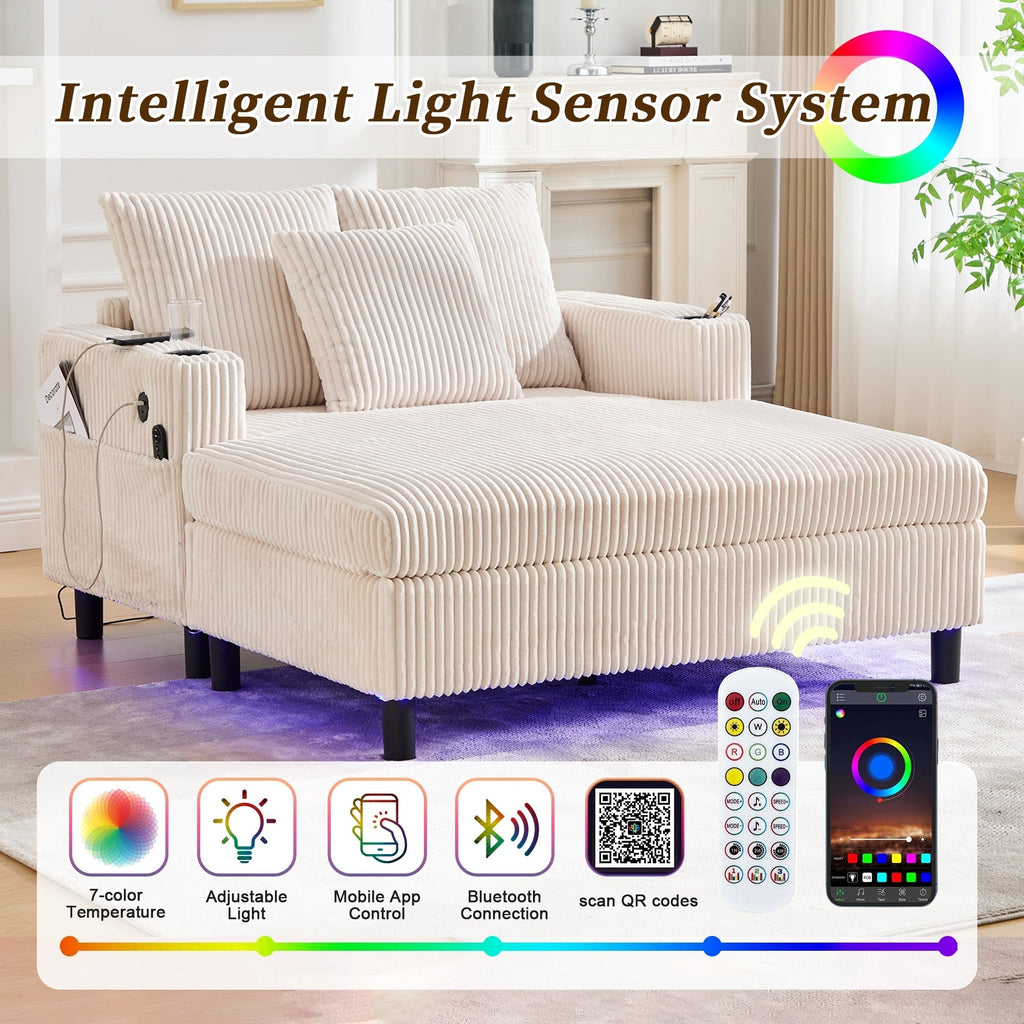HOMEFUN Corduroy Upholstered Oversized RGB LED Light Recliner Sofa Bed with Cup Holder,USB&3 Pillows