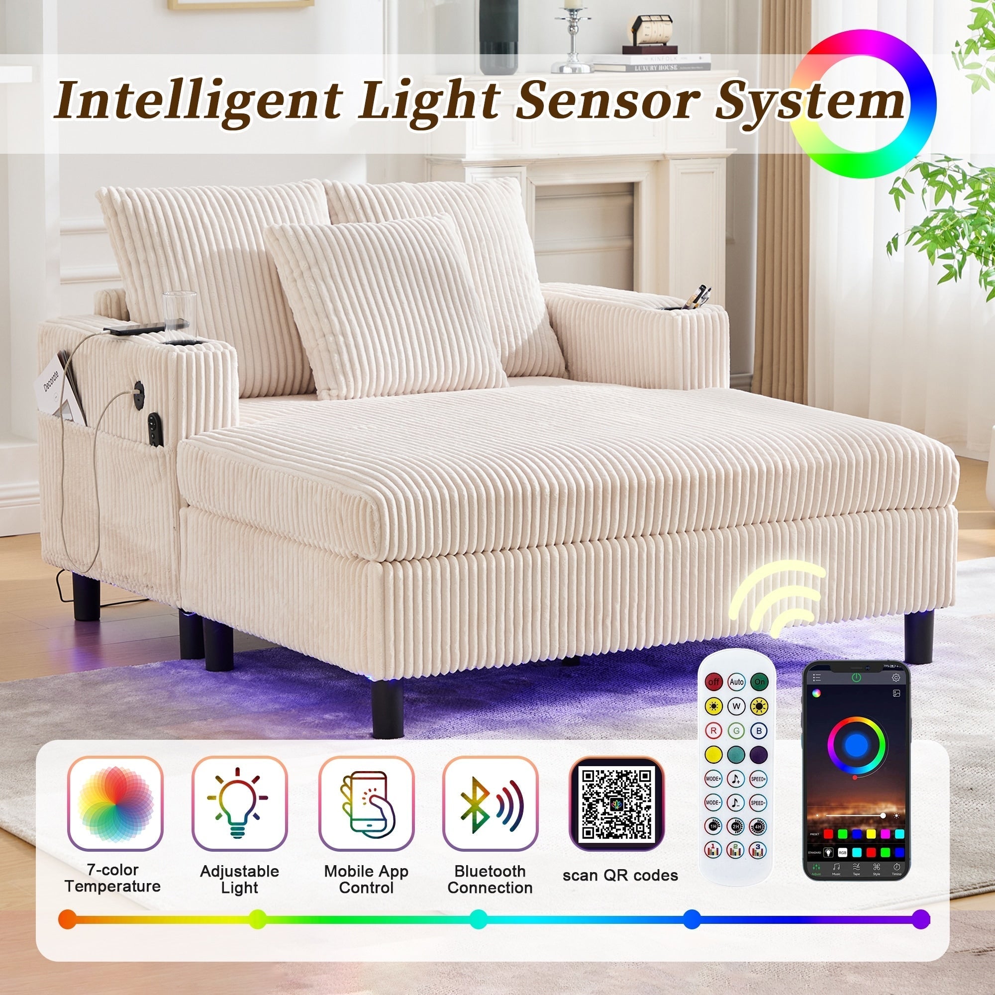 HOMEFUN Corduroy Upholstered Oversized RGB LED Light Recliner Sofa Bed with Cup Holder,USB&3 Pillows