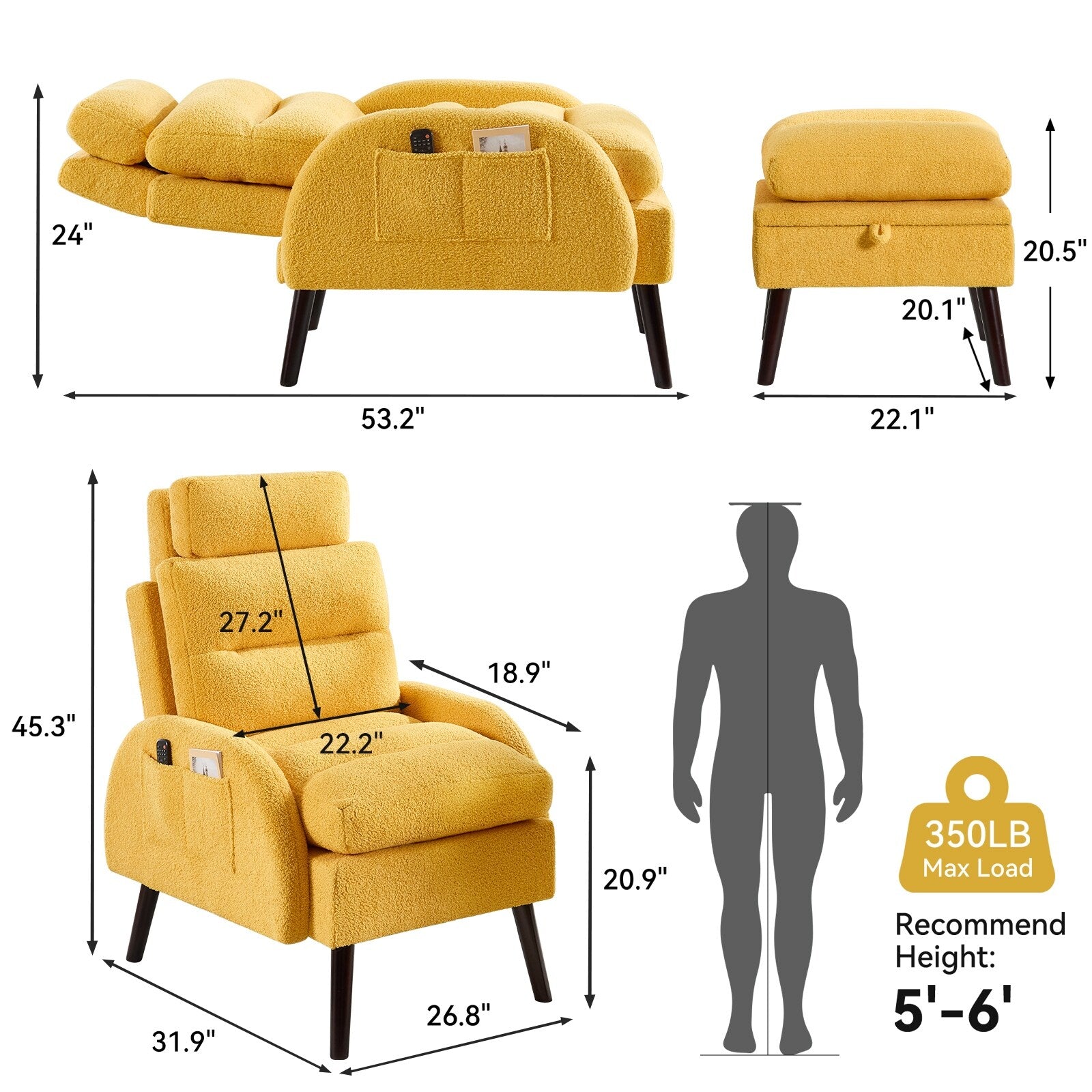 HOMYKA Accent Lounge Chair with Adjustable Backrest Storage Ottoman