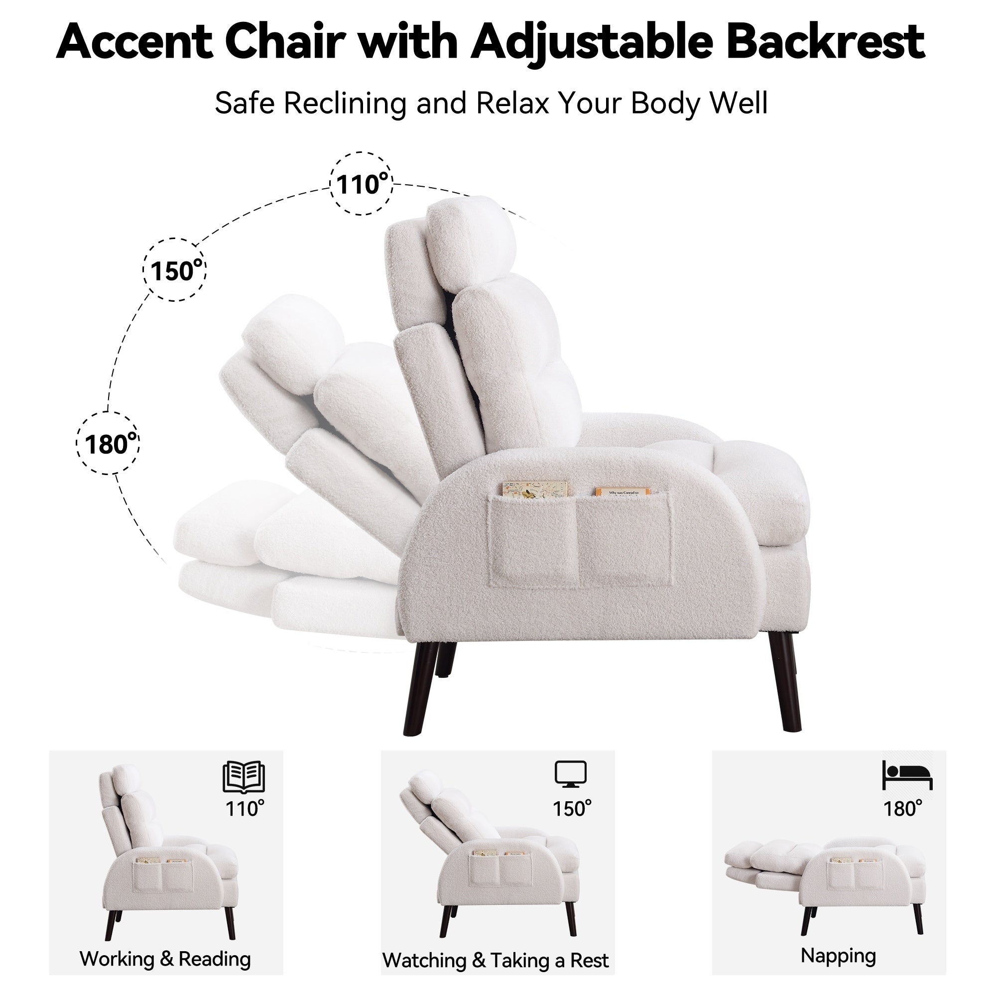 HOMYKA Accent Lounge Chair with Adjustable Backrest Storage Ottoman