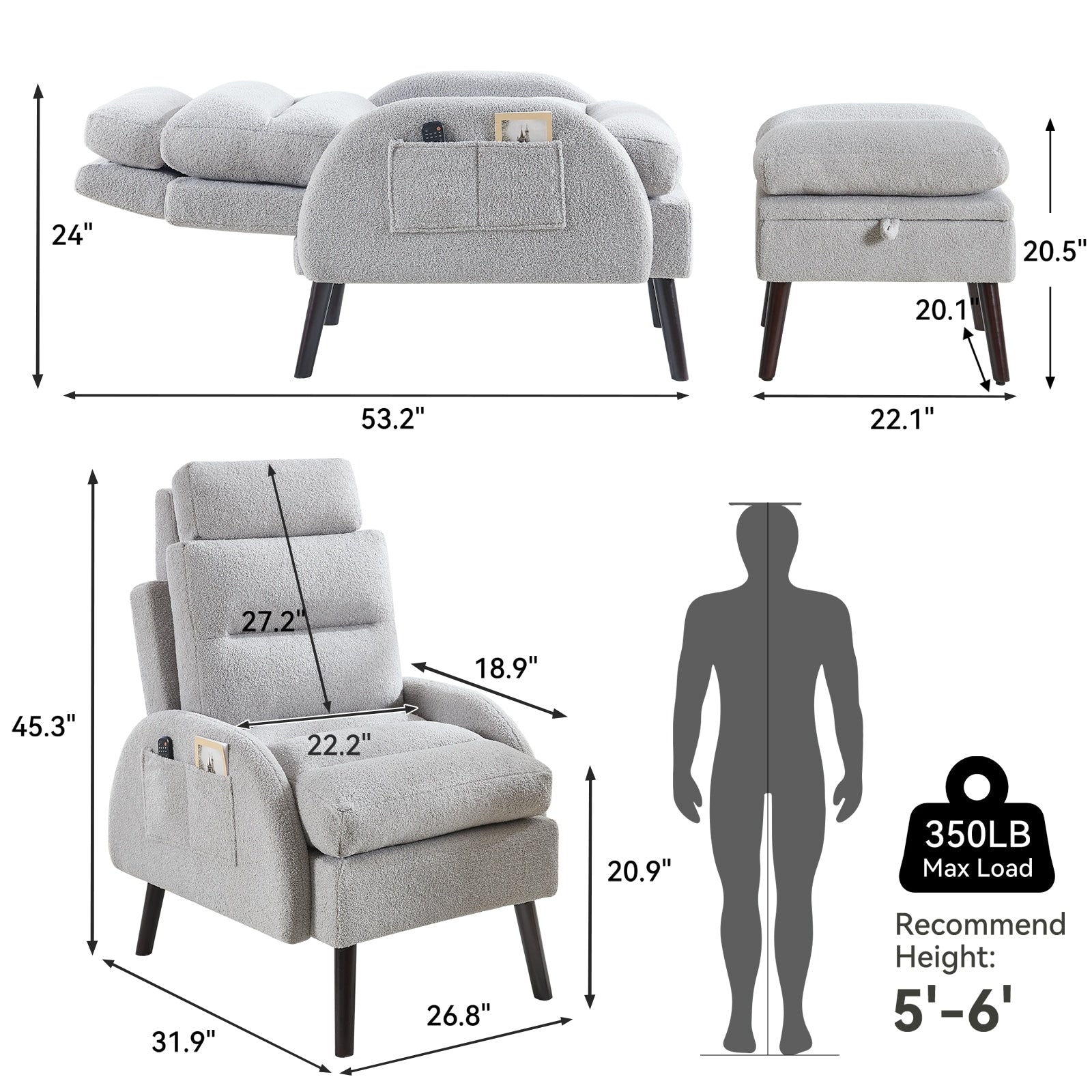 HOMYKA Accent Lounge Chair with Adjustable Backrest Storage Ottoman