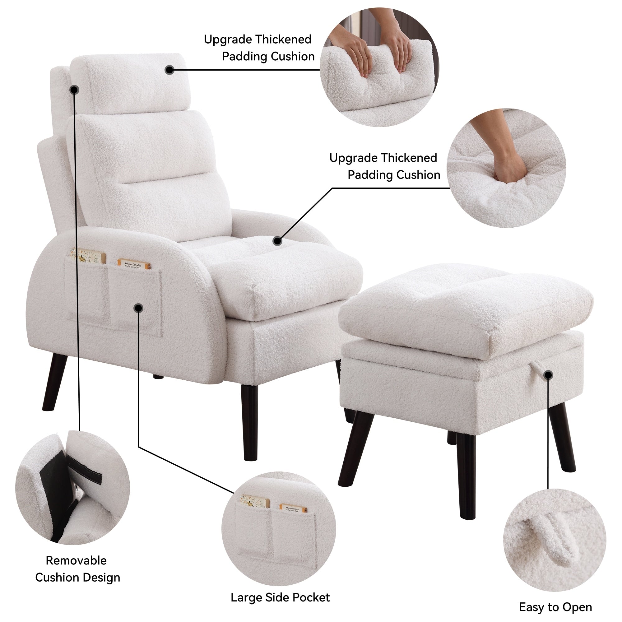 HOMYKA Accent Lounge Chair with Adjustable Backrest Storage Ottoman
