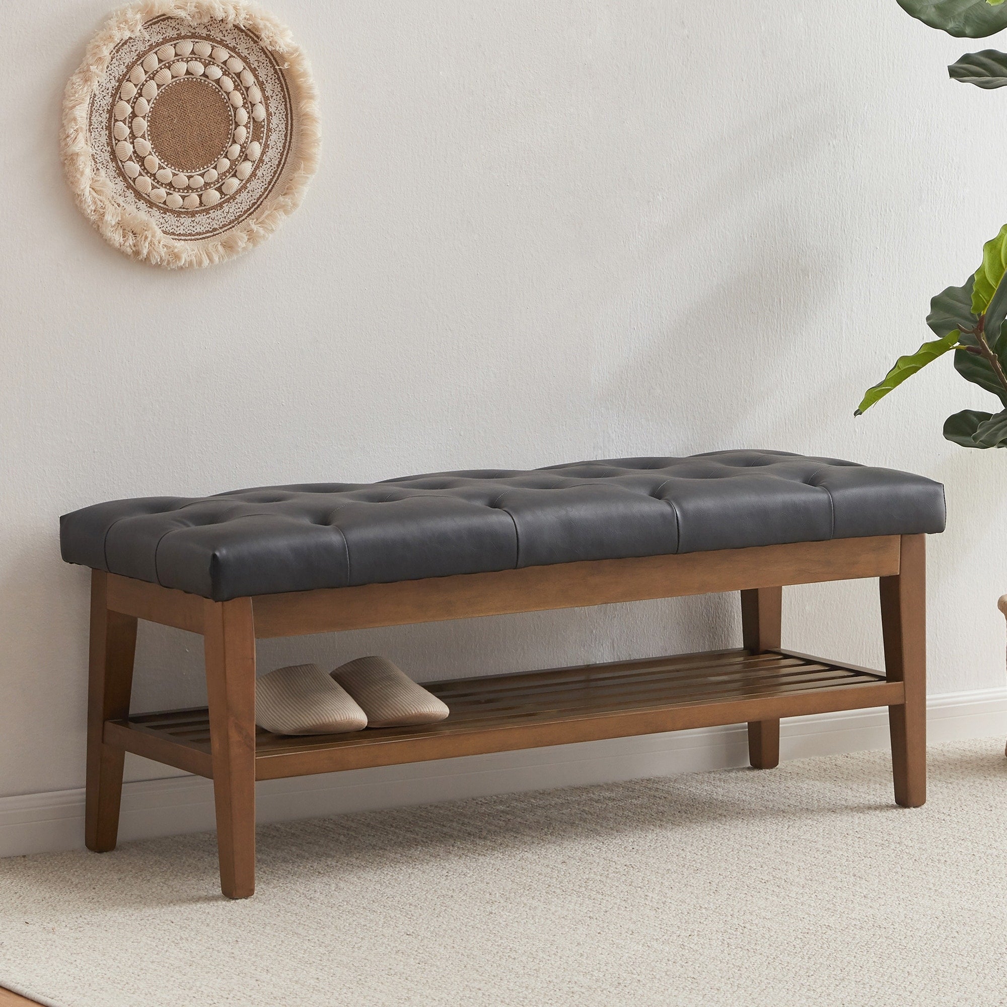 Entryway Shoe Bench Storage Bench Fabric Solid Wood, 43-inch Upholstered Bench for Living Room, Bedrooms