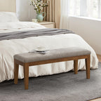 Upholstered Fabric Entryway Bench, Bedroom Bench for End of Bed Beige, Solid Wood 44-inch